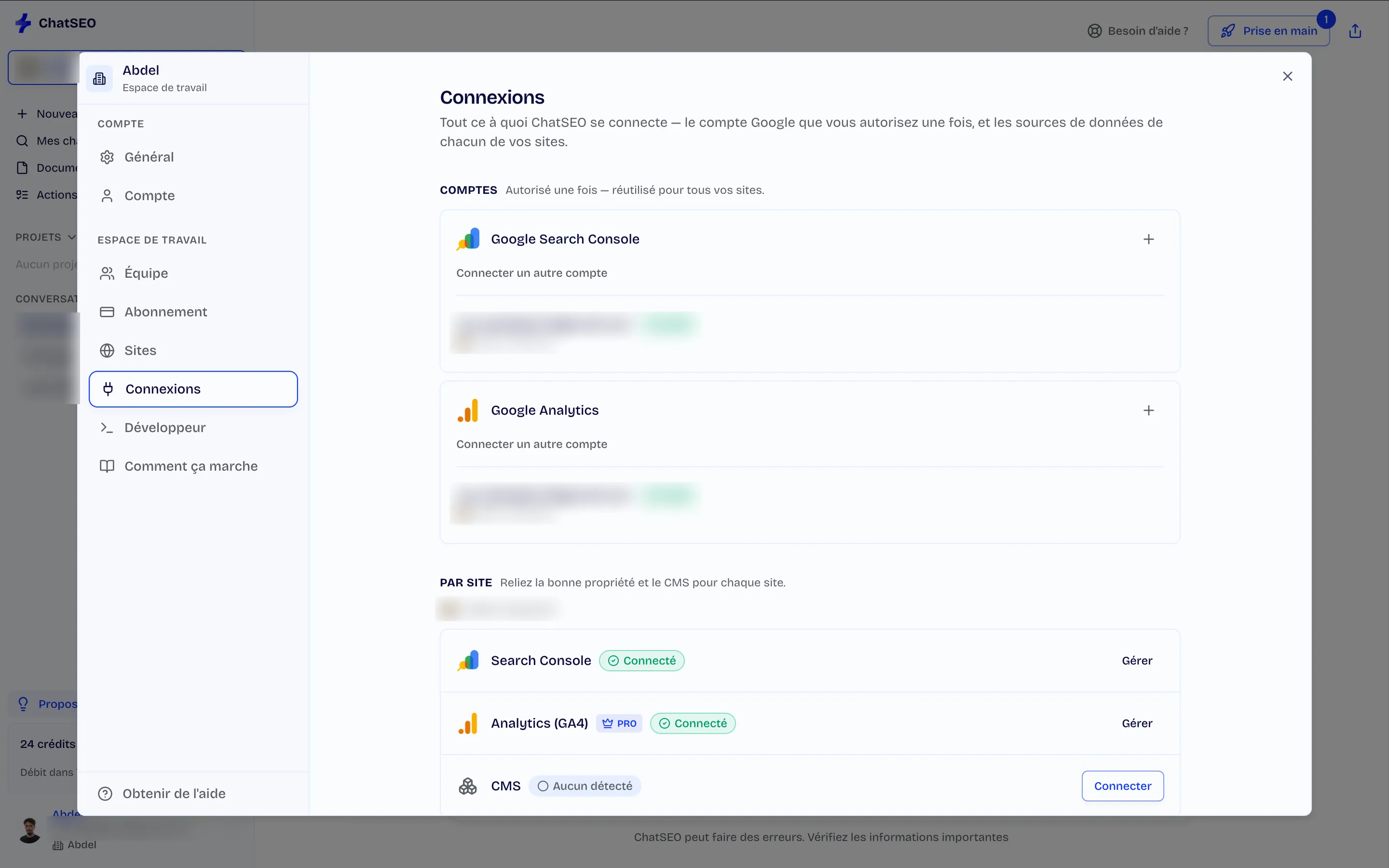 Les connexions de ChatSEO : la Search Console, Google Analytics 4 (réservé au plan Pro) et le CMS du site