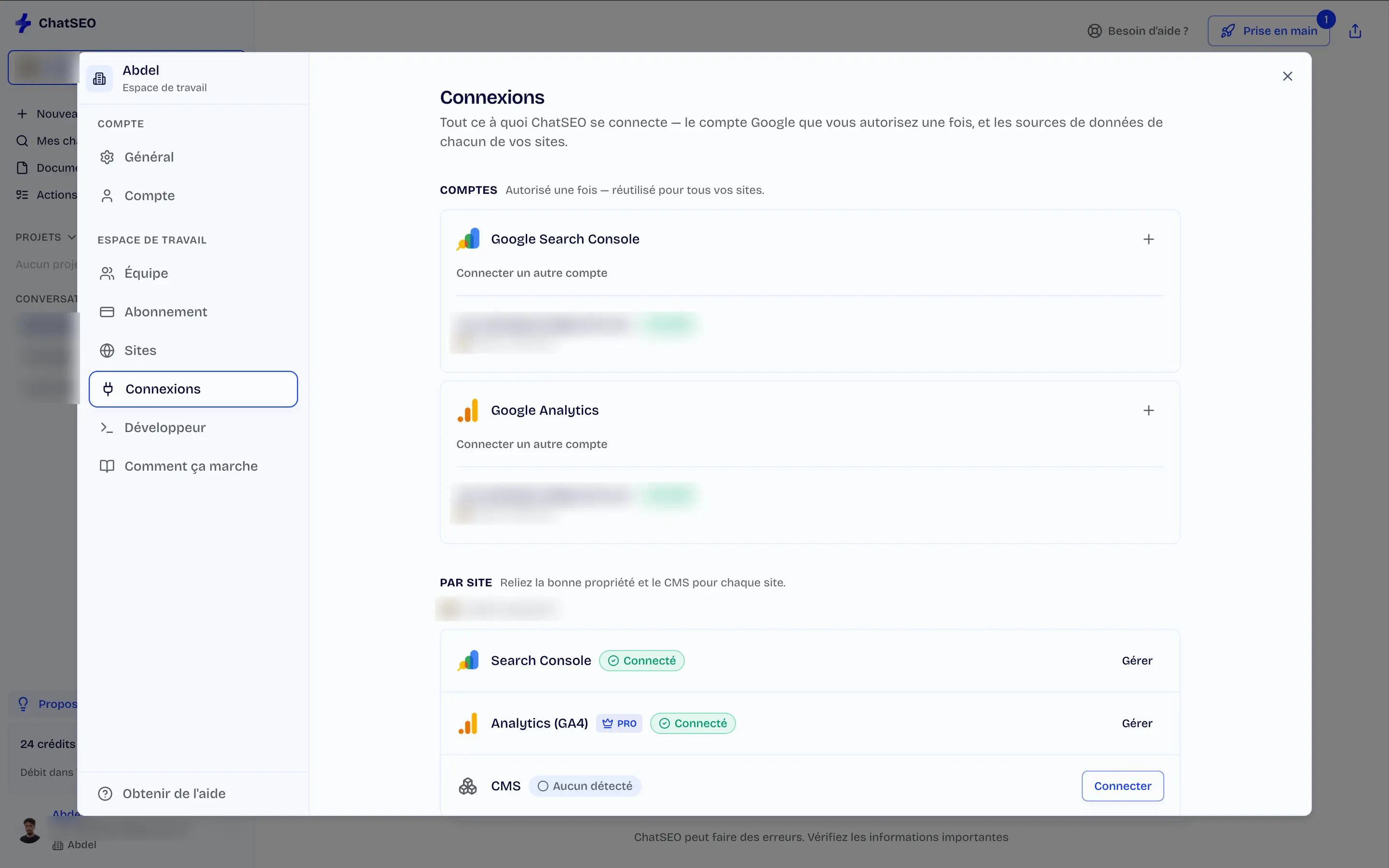 Les connexions de ChatSEO : la Search Console, Google Analytics 4 (réservé au plan Pro) et le CMS du site