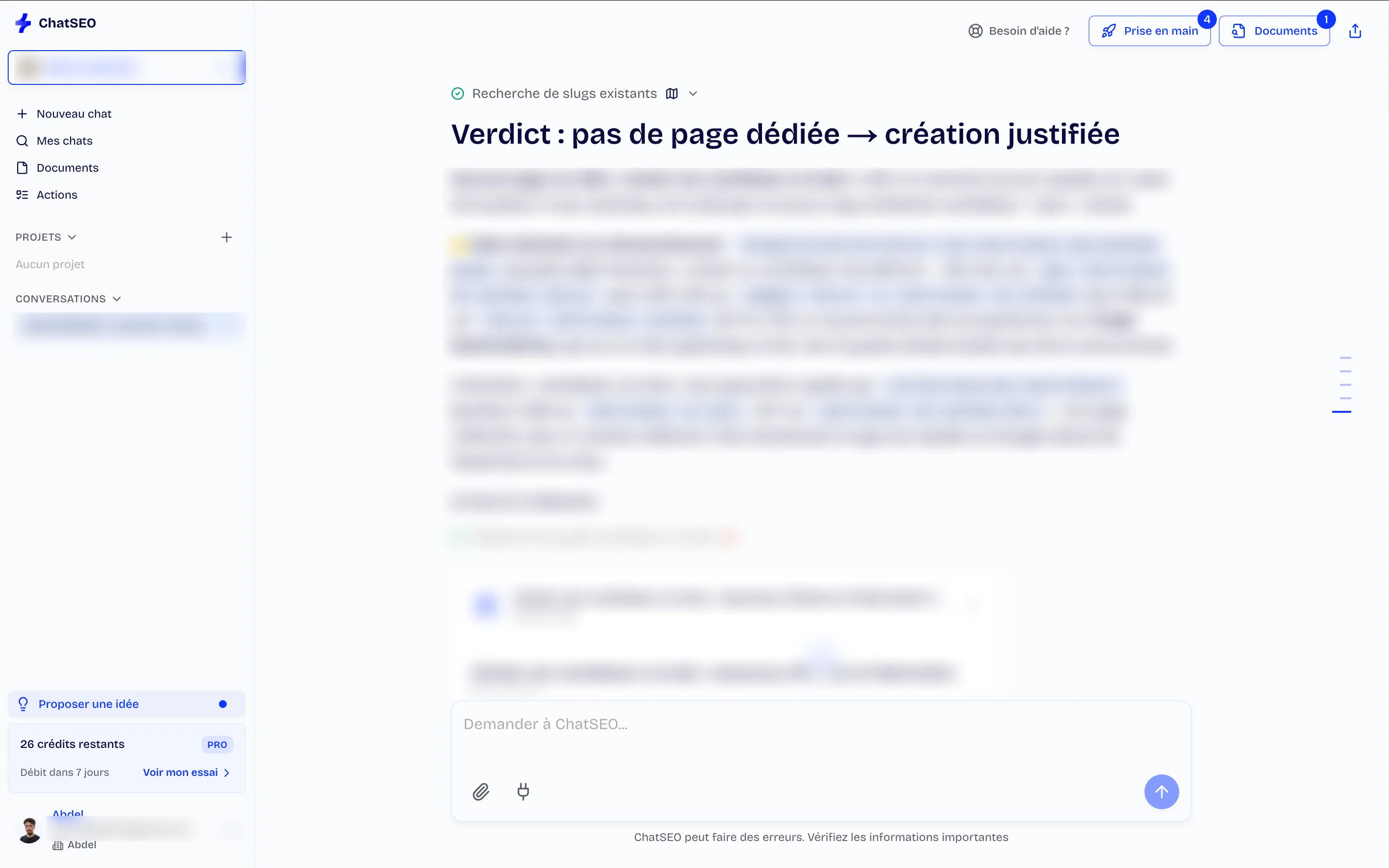 Le verdict de ChatSEO avant la rédaction : pas de page dédiée, création justifiée, alors que le site est déjà premier sur la requête