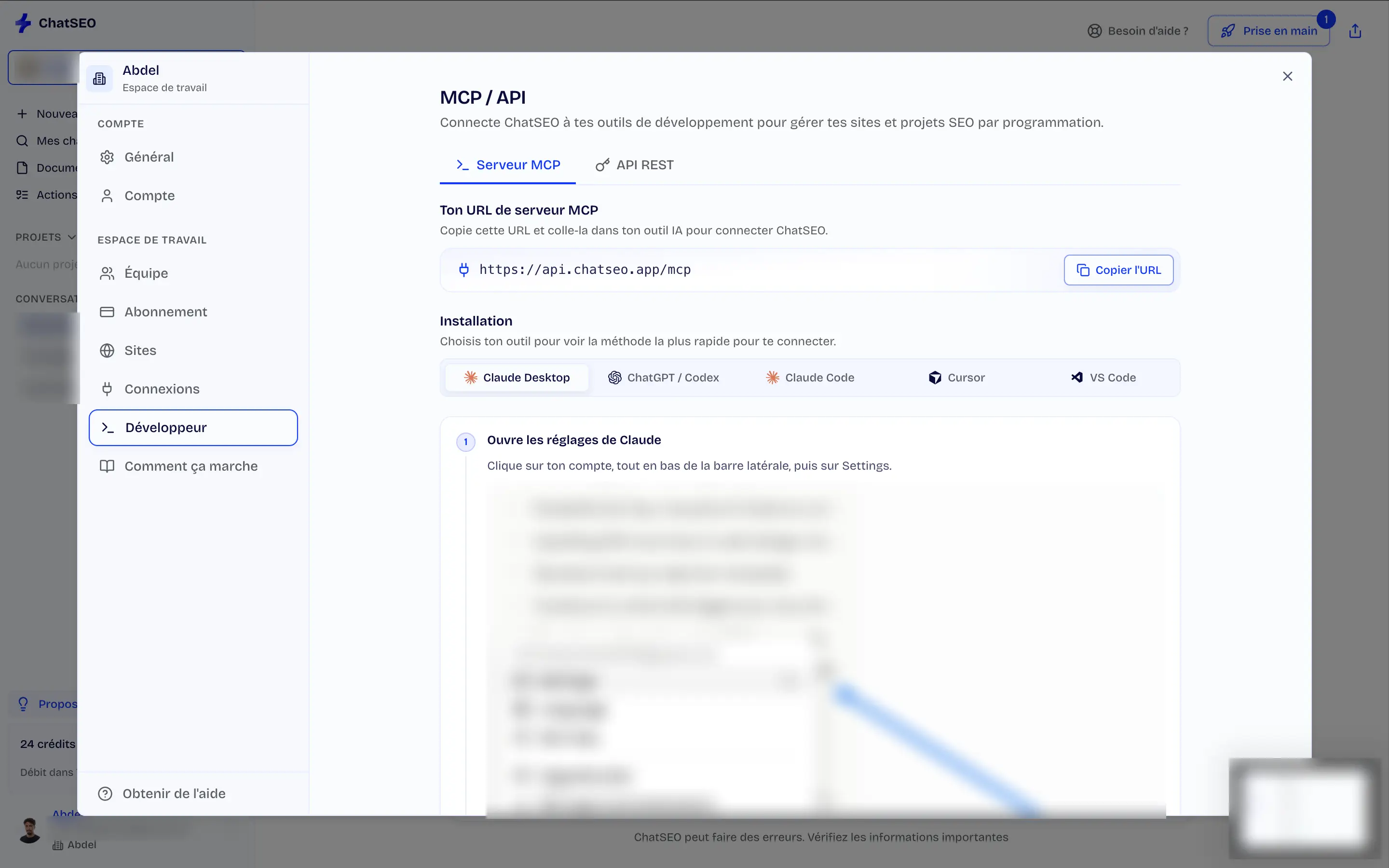 La page Développeur de ChatSEO : l'URL du serveur MCP et les instructions d'installation pour Claude, ChatGPT, Cursor et VS Code