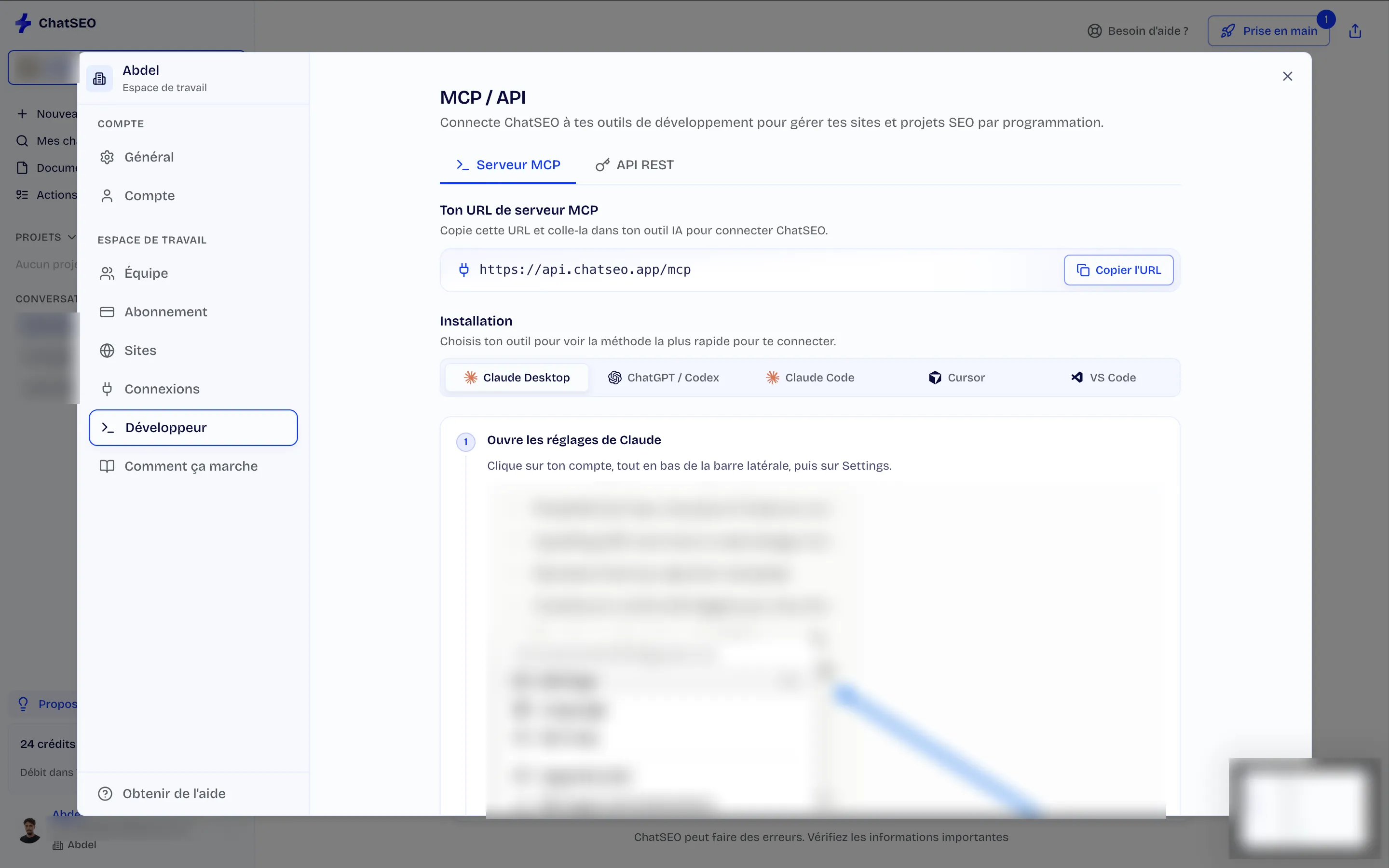 La page Développeur de ChatSEO : l'URL du serveur MCP et les instructions d'installation pour Claude, ChatGPT, Cursor et VS Code