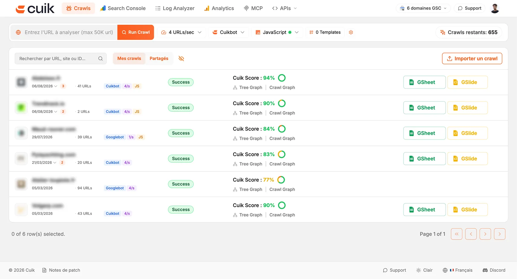 Le dashboard principal de Cuik SEO : score de crawl sur 100 et graphiques présentables au client