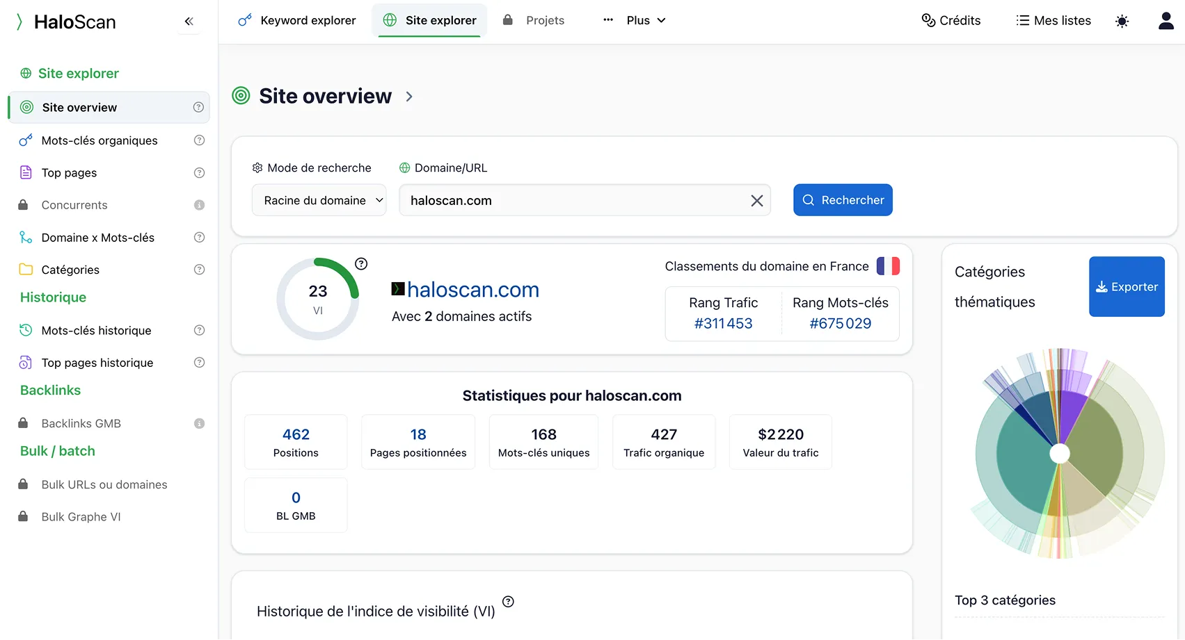 Vue d'ensemble d'un site analysé dans le Site Explorer d'Haloscan