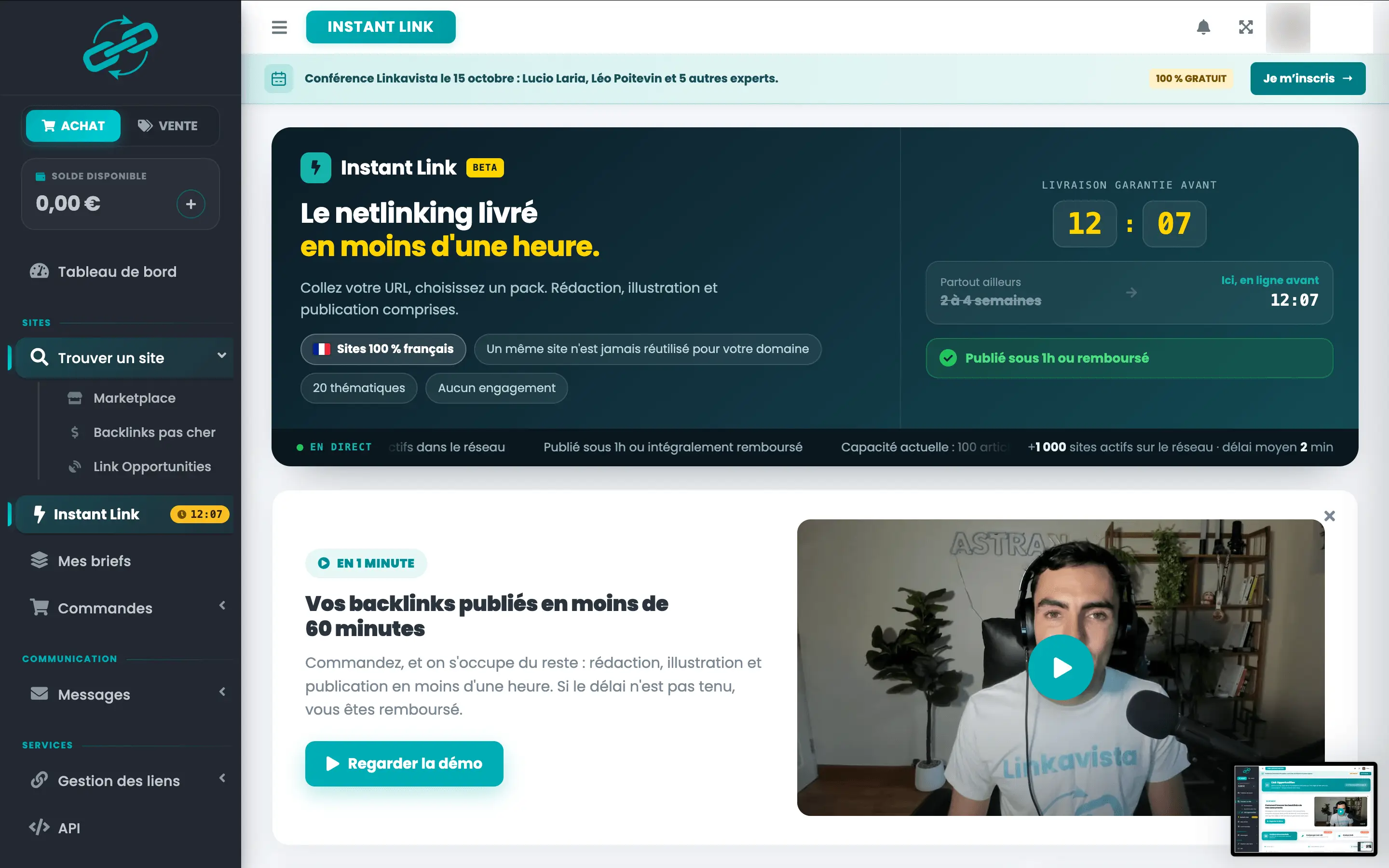 Instant Link sur Linkavista : un lien publié en moins d'une heure ou remboursé, sur des sites français, avec vingt thématiques