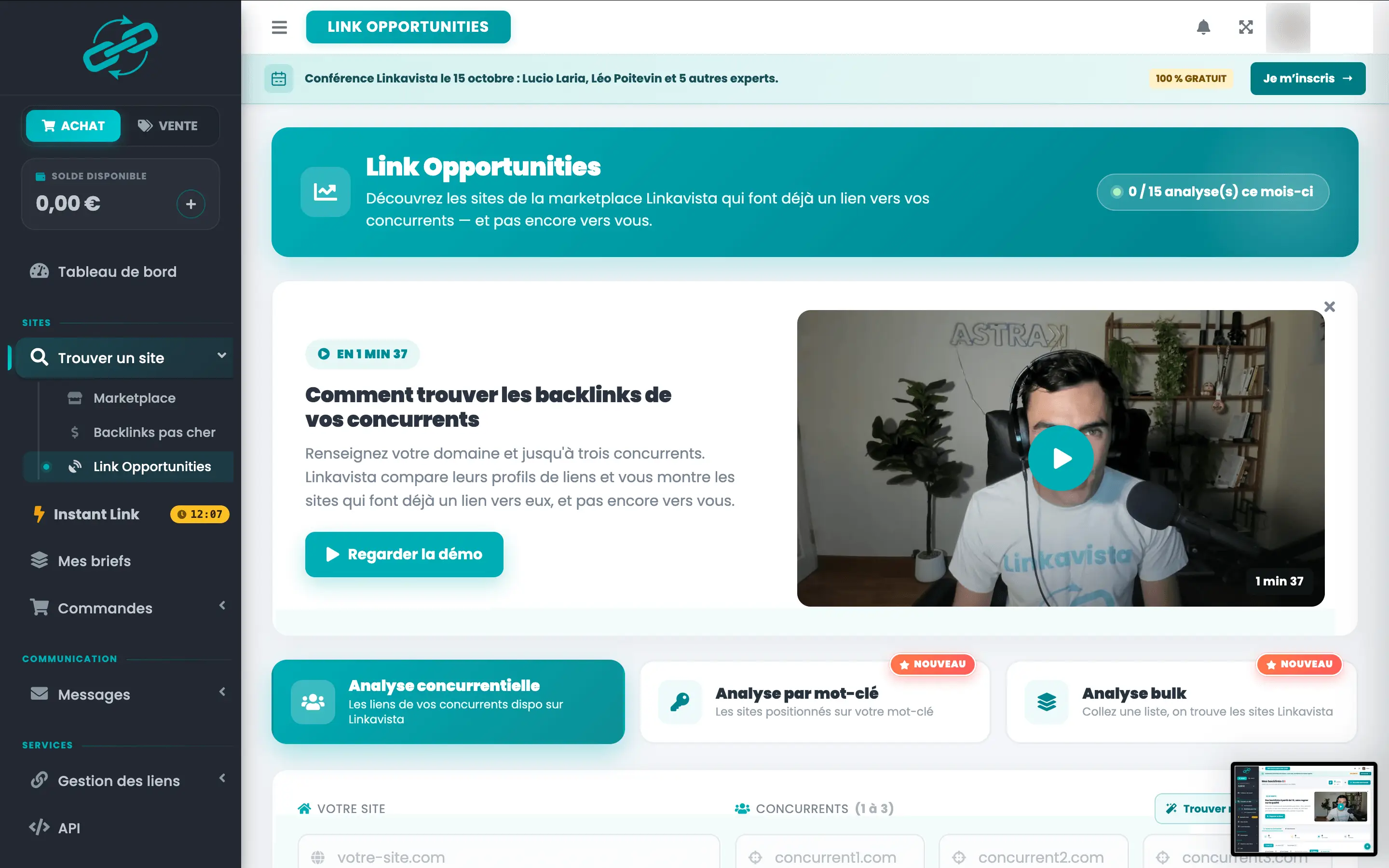 Link Opportunities sur Linkavista : l'analyse concurrentielle, l'analyse par mot-clé et l'analyse en masse