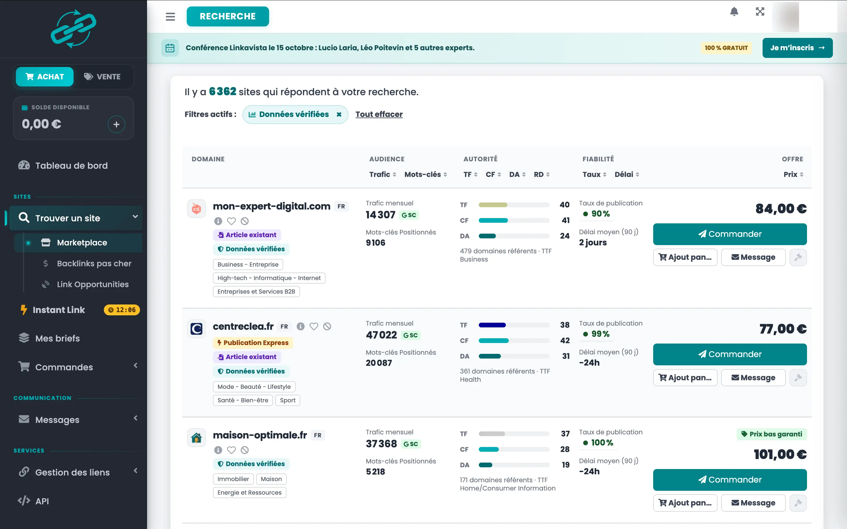 La marketplace de Linkavista filtrée sur les données vérifiées : pour chaque site, le trafic, les mots-clés, le Trust Flow, le taux de publication, le délai et le prix