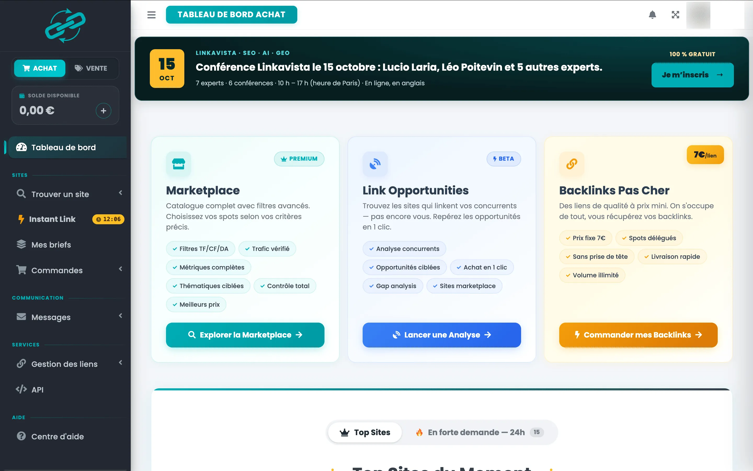 Le tableau de bord acheteur de Linkavista : la marketplace, Link Opportunities et les backlinks pas chers à 7 € le lien