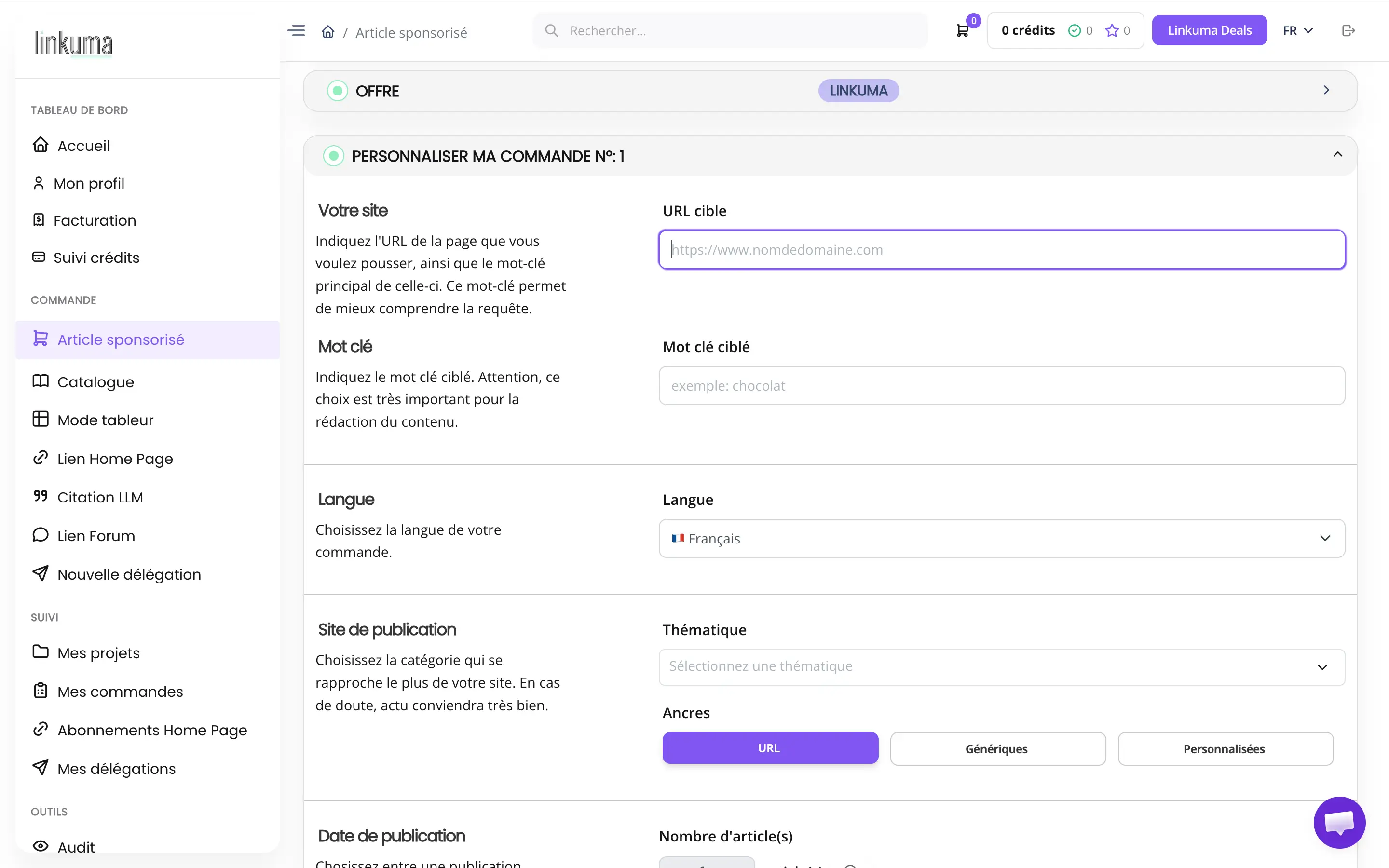 Le formulaire de commande d'un article sponsorisé sur Linkuma : URL cible, mot-clé ciblé, langue, thématique et type d'ancre