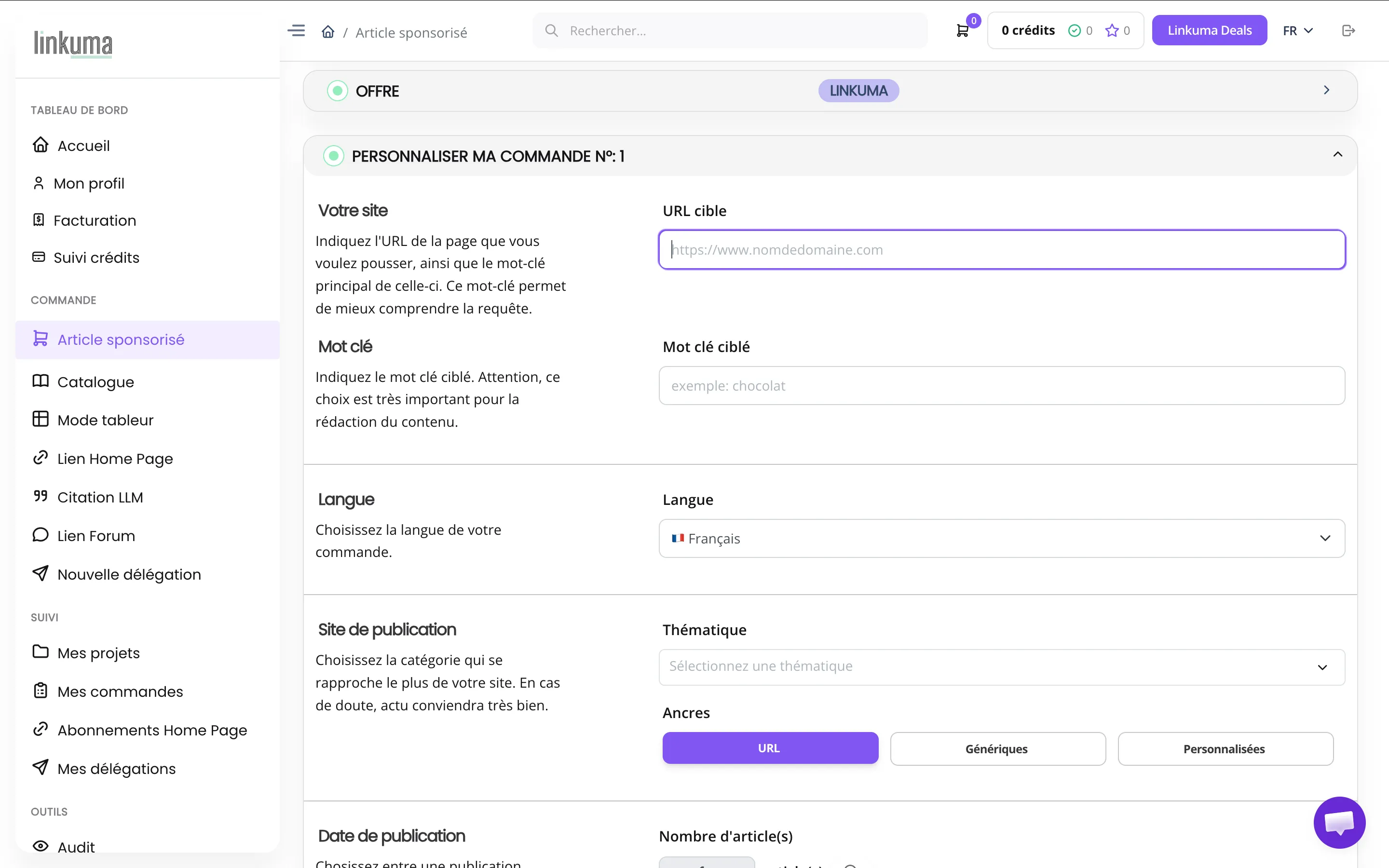 Le formulaire de commande d'un article sponsorisé sur Linkuma : URL cible, mot-clé ciblé, langue, thématique et type d'ancre