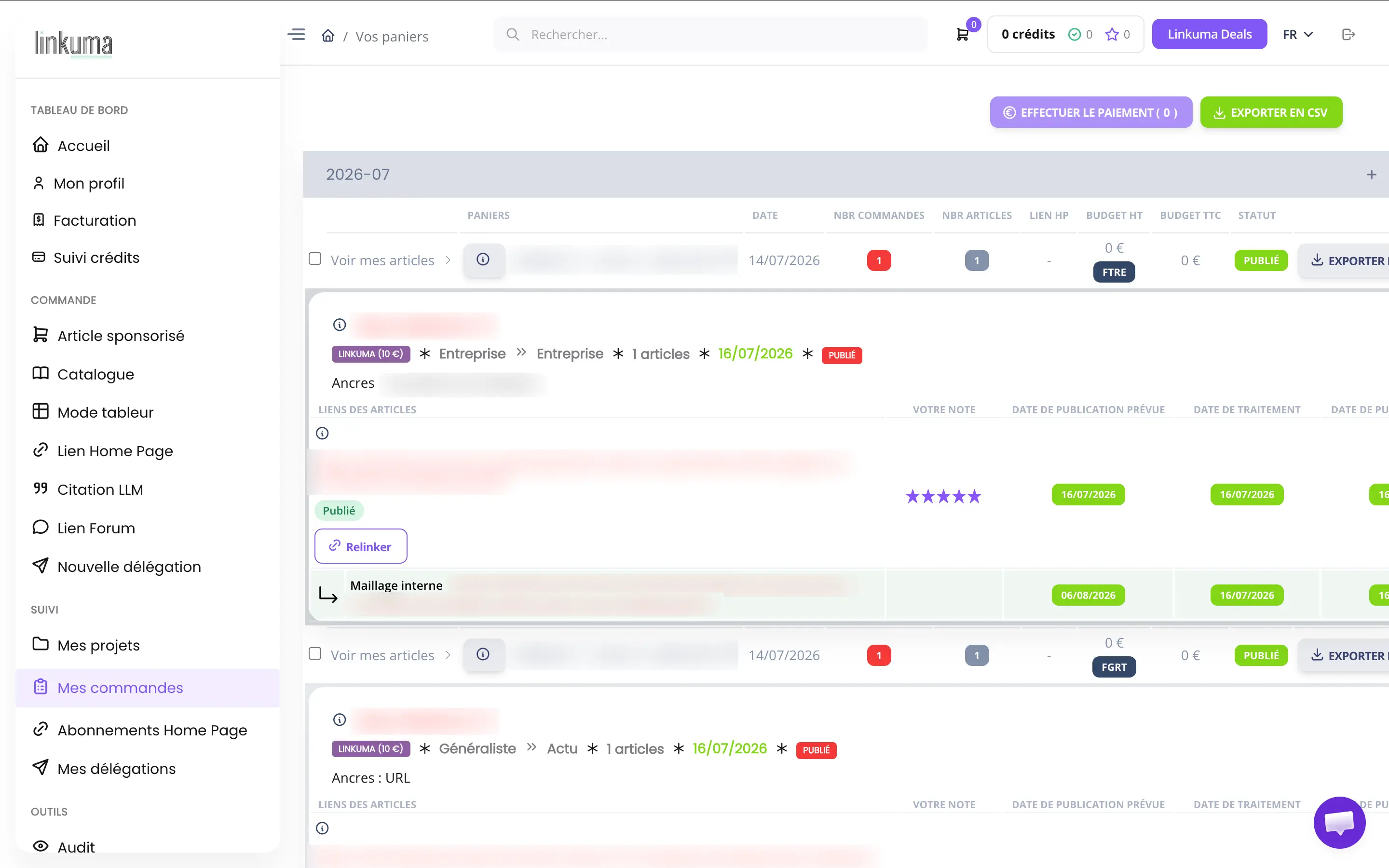 La page Mes commandes de Linkuma : les articles publiés, leurs dates, le bouton Relinker et l'article de maillage interne