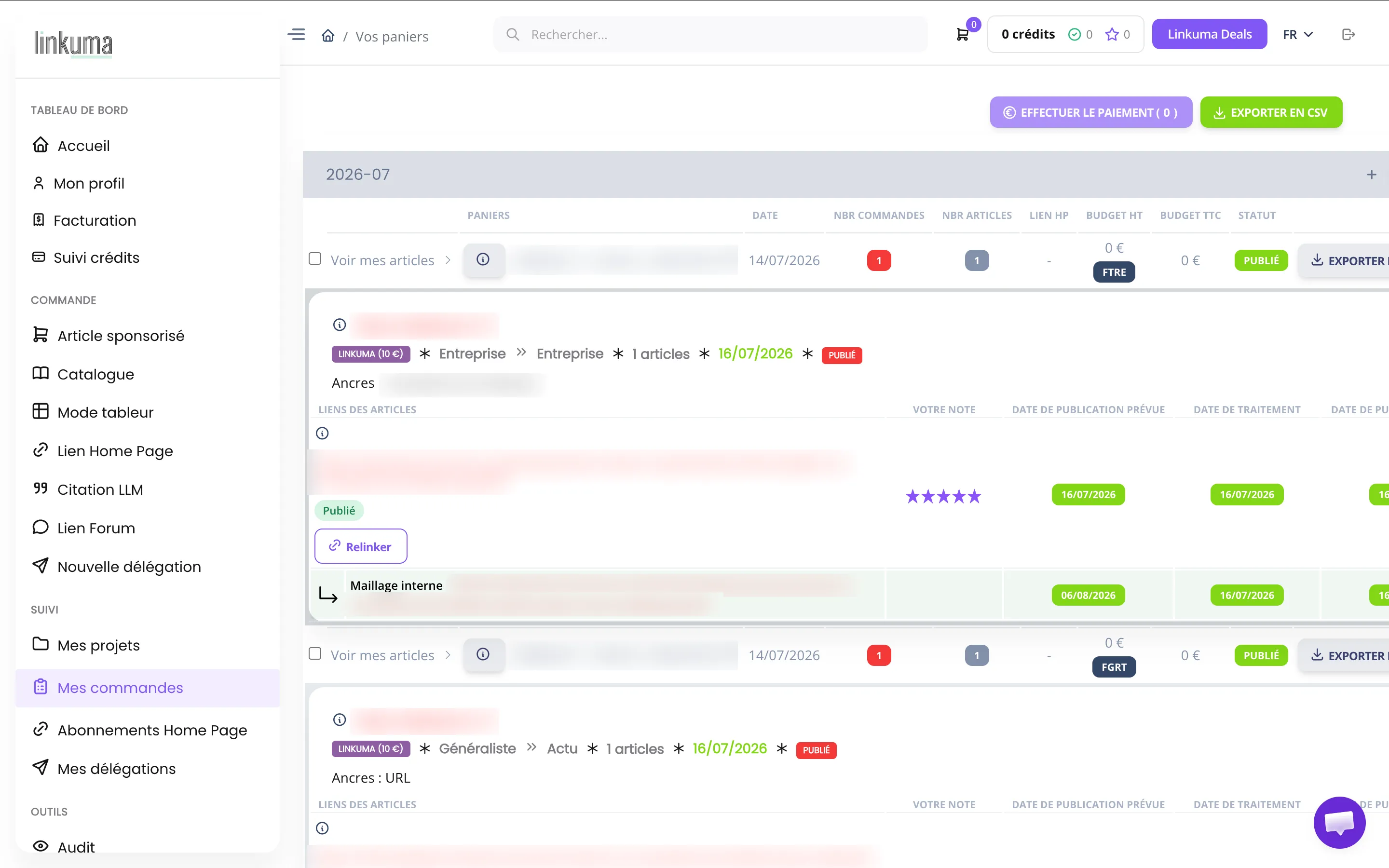 La page Mes commandes de Linkuma : les articles publiés, leurs dates, le bouton Relinker et l'article de maillage interne