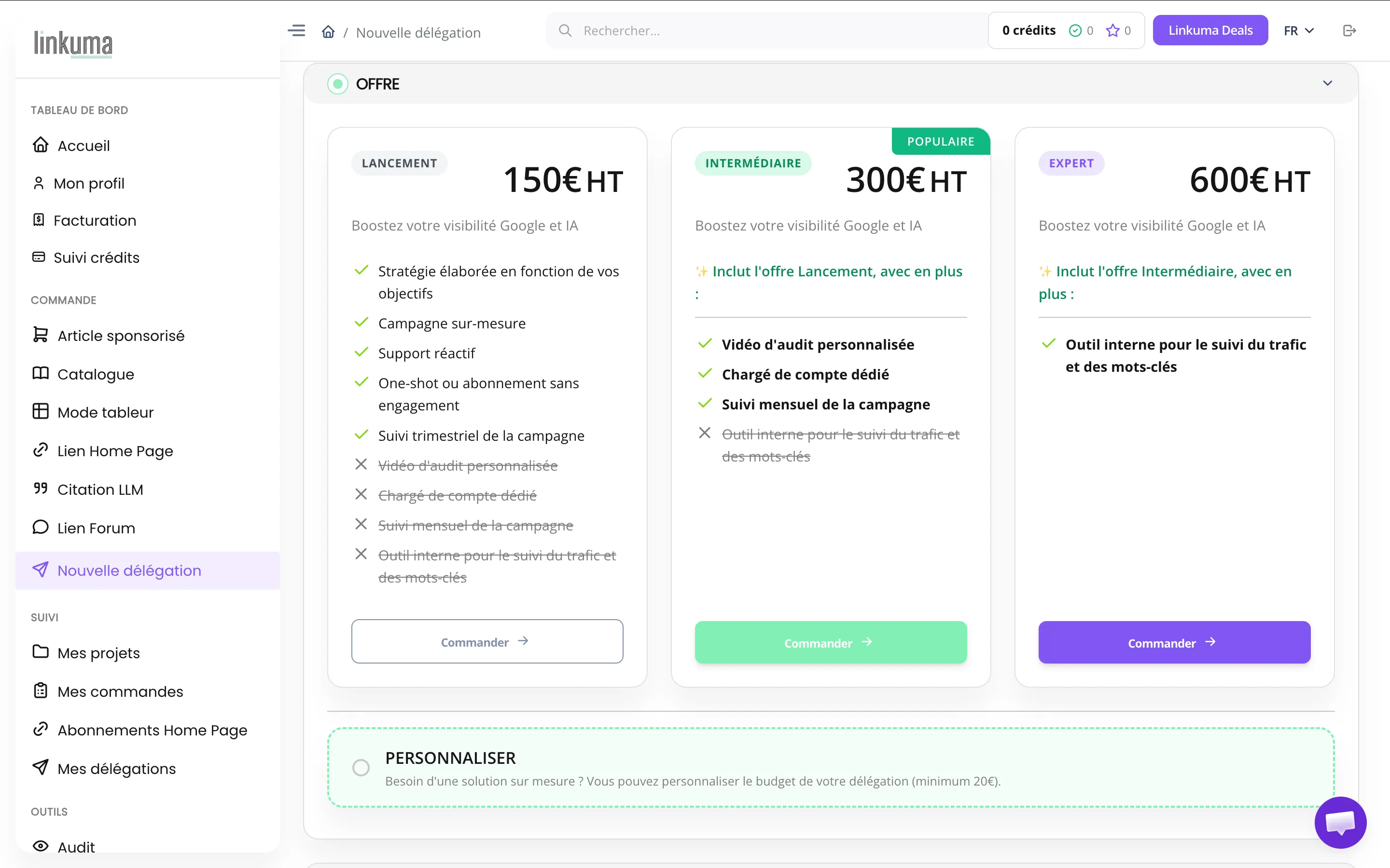 Les formules de délégation de Linkuma : Lancement à 150 € HT, Intermédiaire à 300 € HT, Expert à 600 € HT, et le budget personnalisé