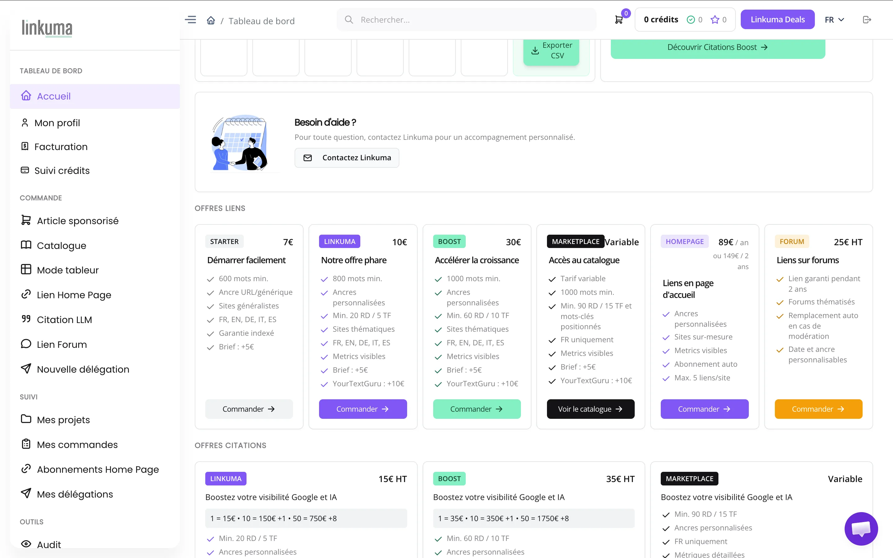 Le tableau de bord de Linkuma : les offres de liens (Starter, Linkuma, Boost, Marketplace, homepage, forum) et de citations, avec leurs prix