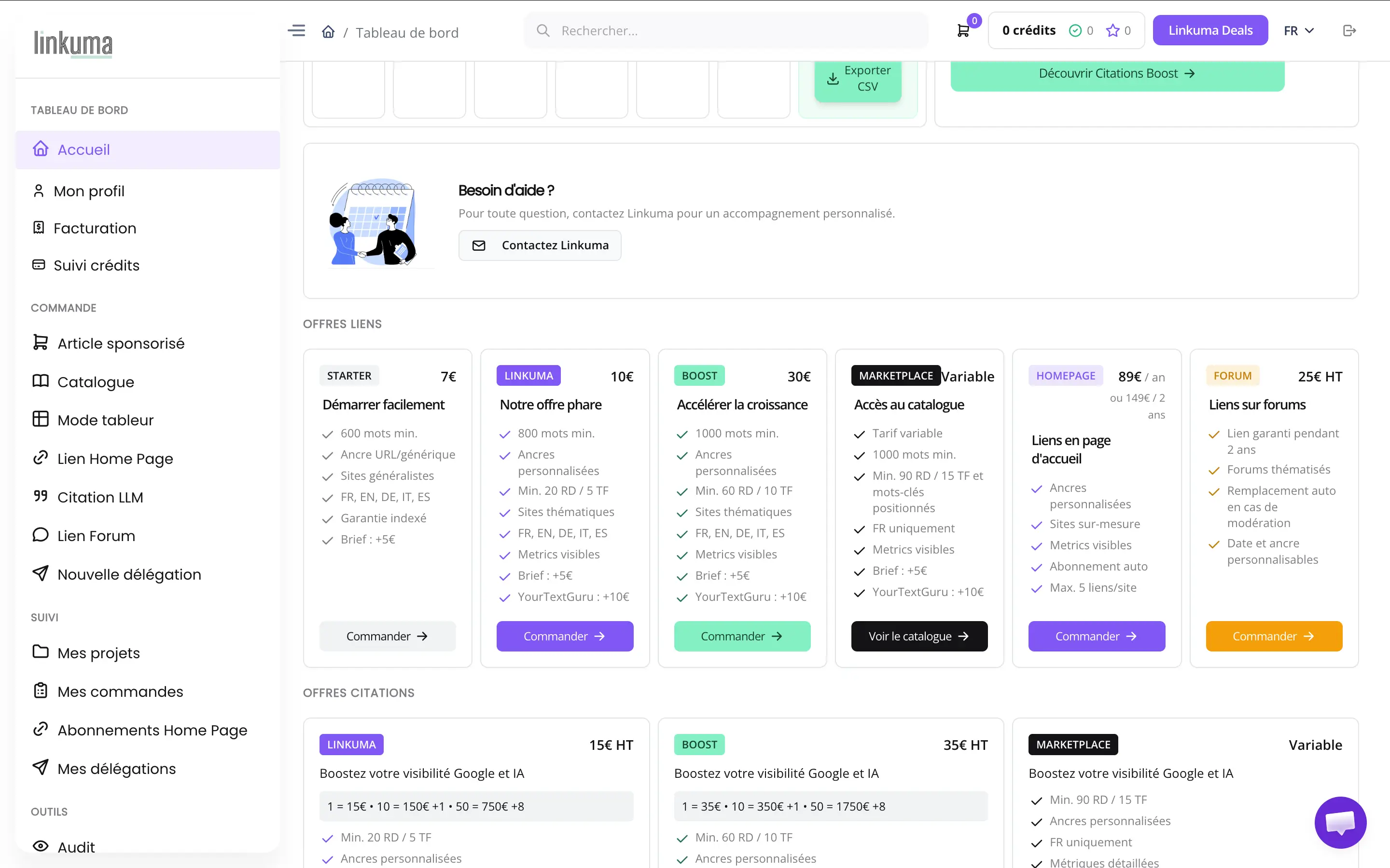 Le tableau de bord de Linkuma : les offres de liens (Starter, Linkuma, Boost, Marketplace, homepage, forum) et de citations, avec leurs prix