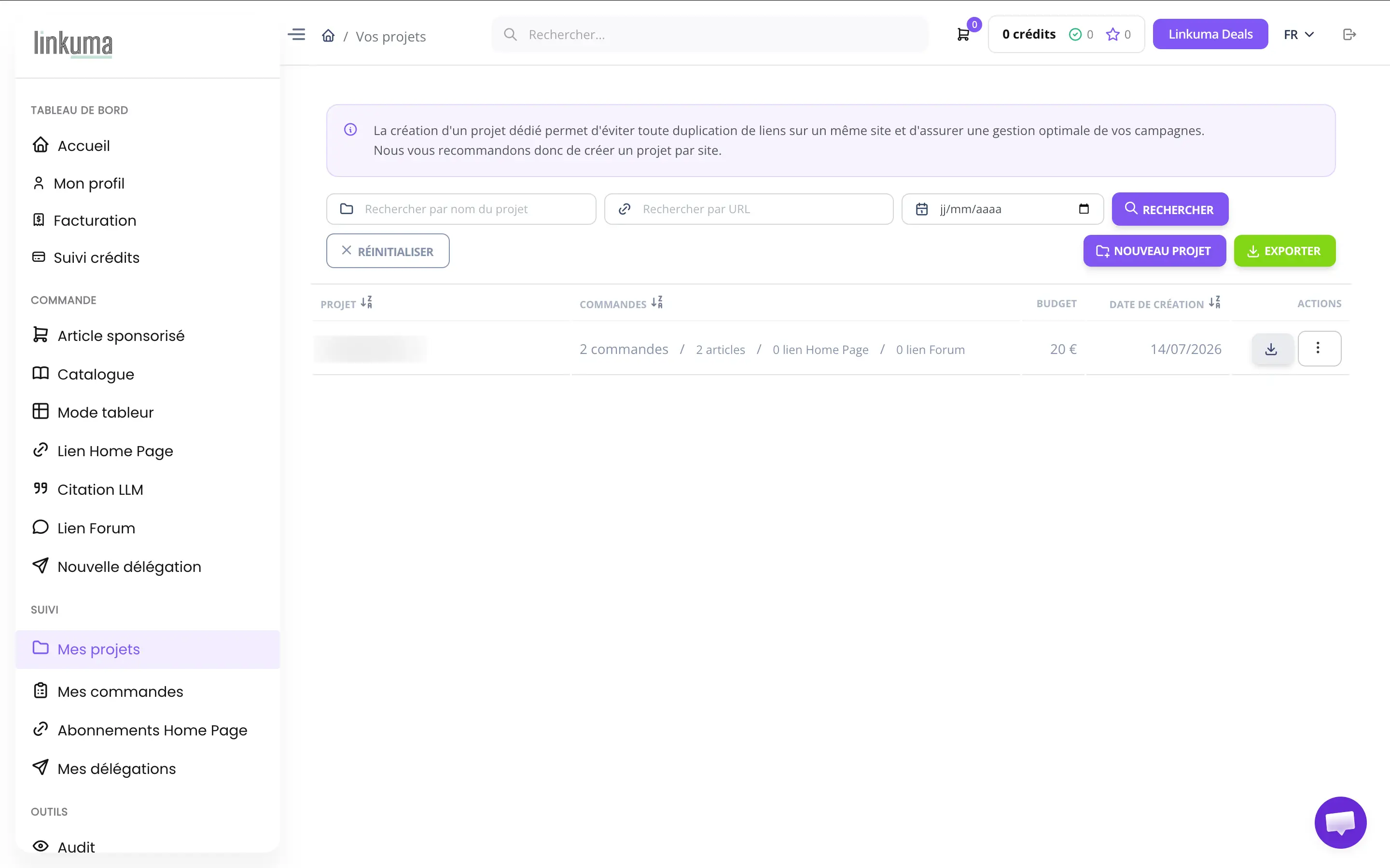 La page Mes projets de Linkuma : chaque projet avec ses commandes, ses articles, ses liens homepage et forum, son budget et sa date