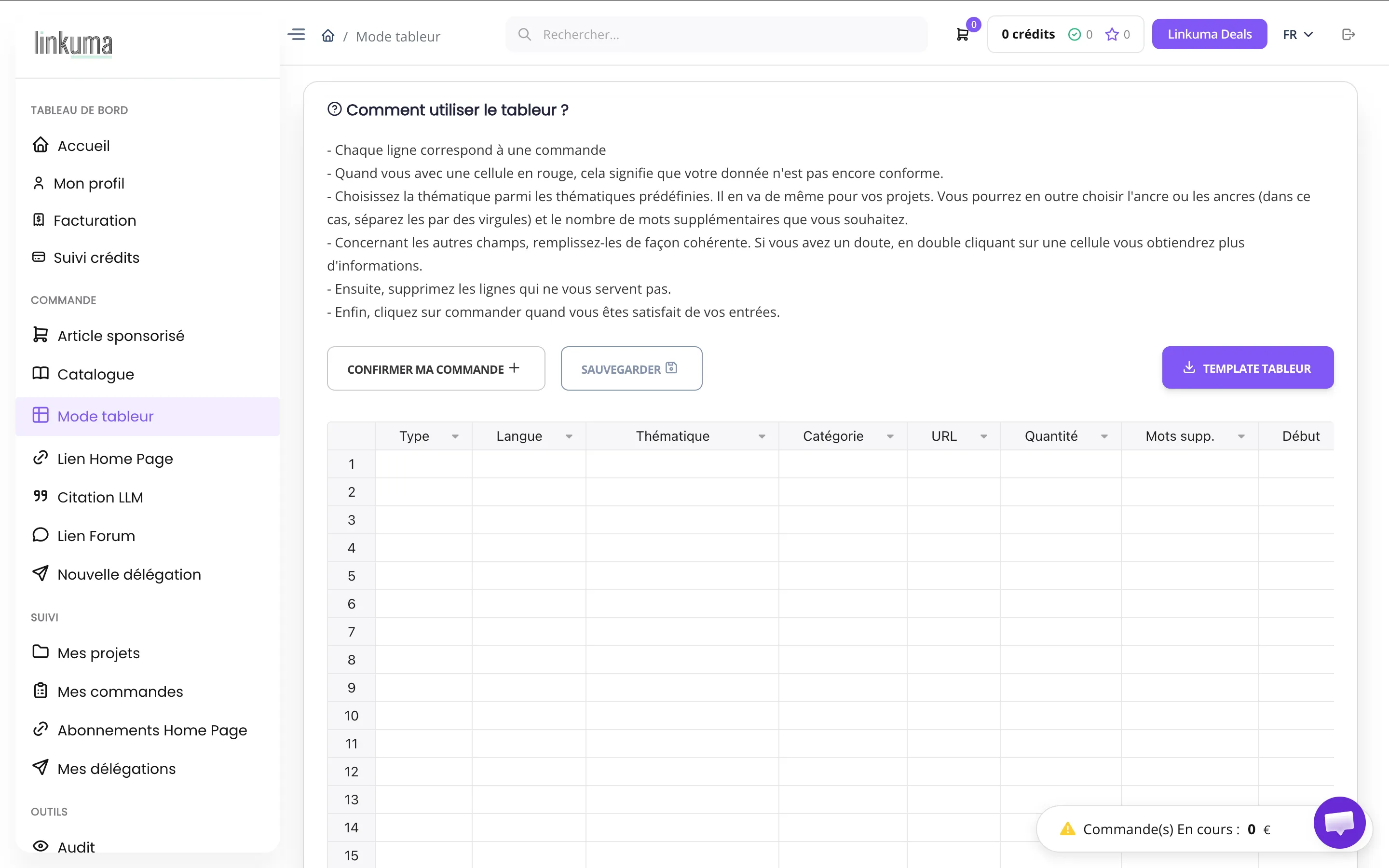 Le mode tableur de Linkuma : une commande par ligne, avec le type, la langue, la thématique, l'URL, la quantité et les mots supplémentaires