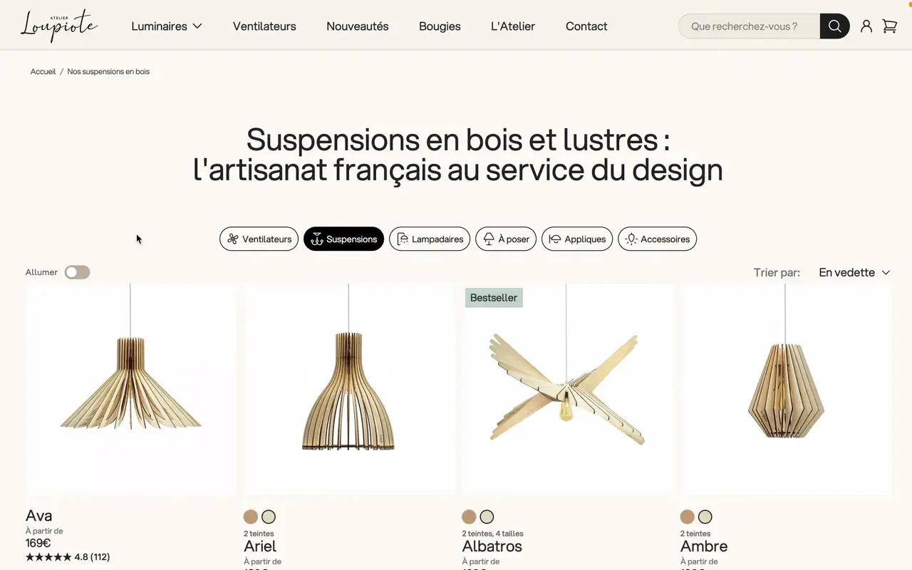 Les pages collection d'Atelier Loupiote, en défilement.