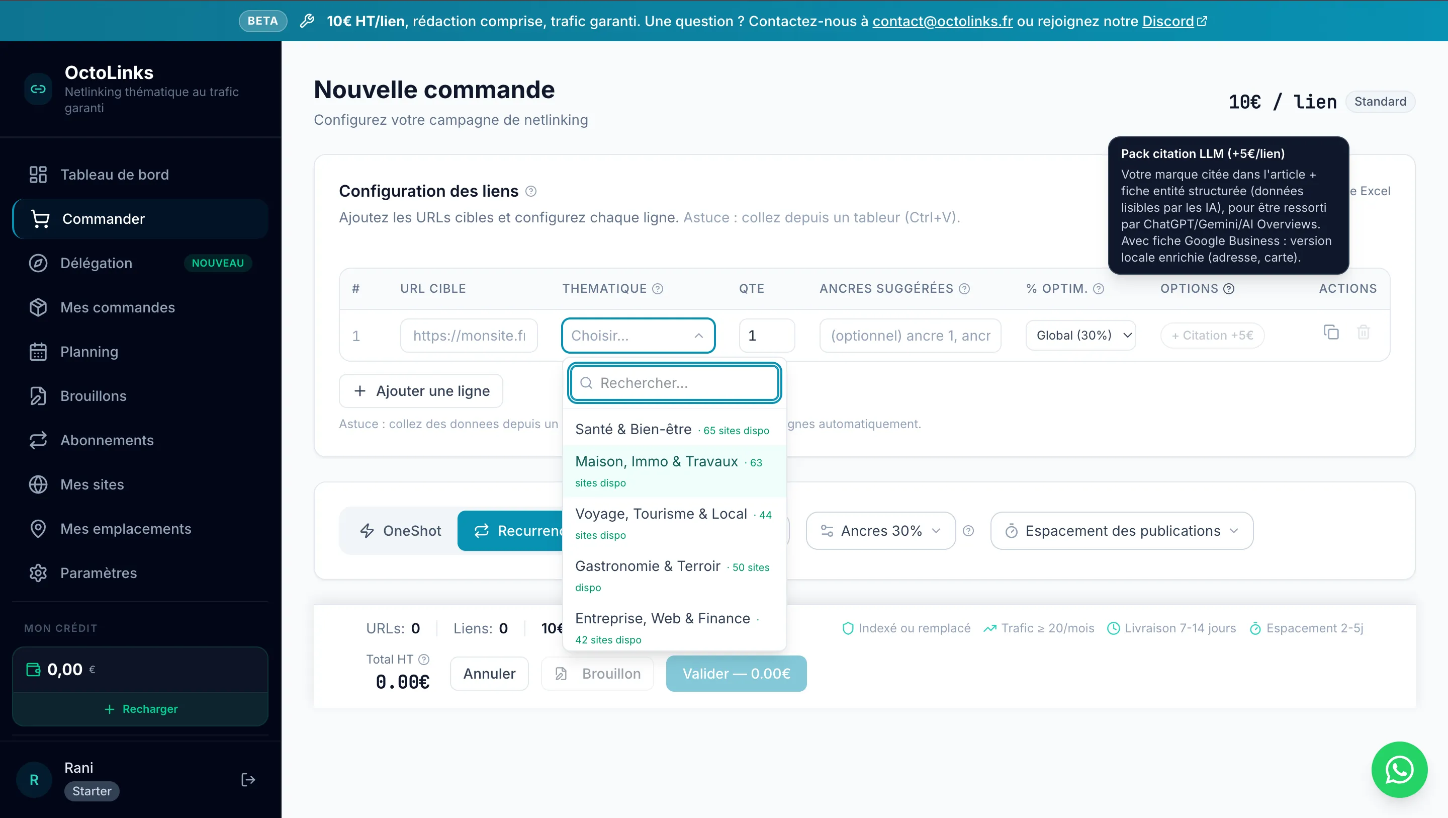 Formulaire de commande d'un backlink sur OctoLinks : URL cible, thématique, quantité et taux d'optimisation de l'ancre