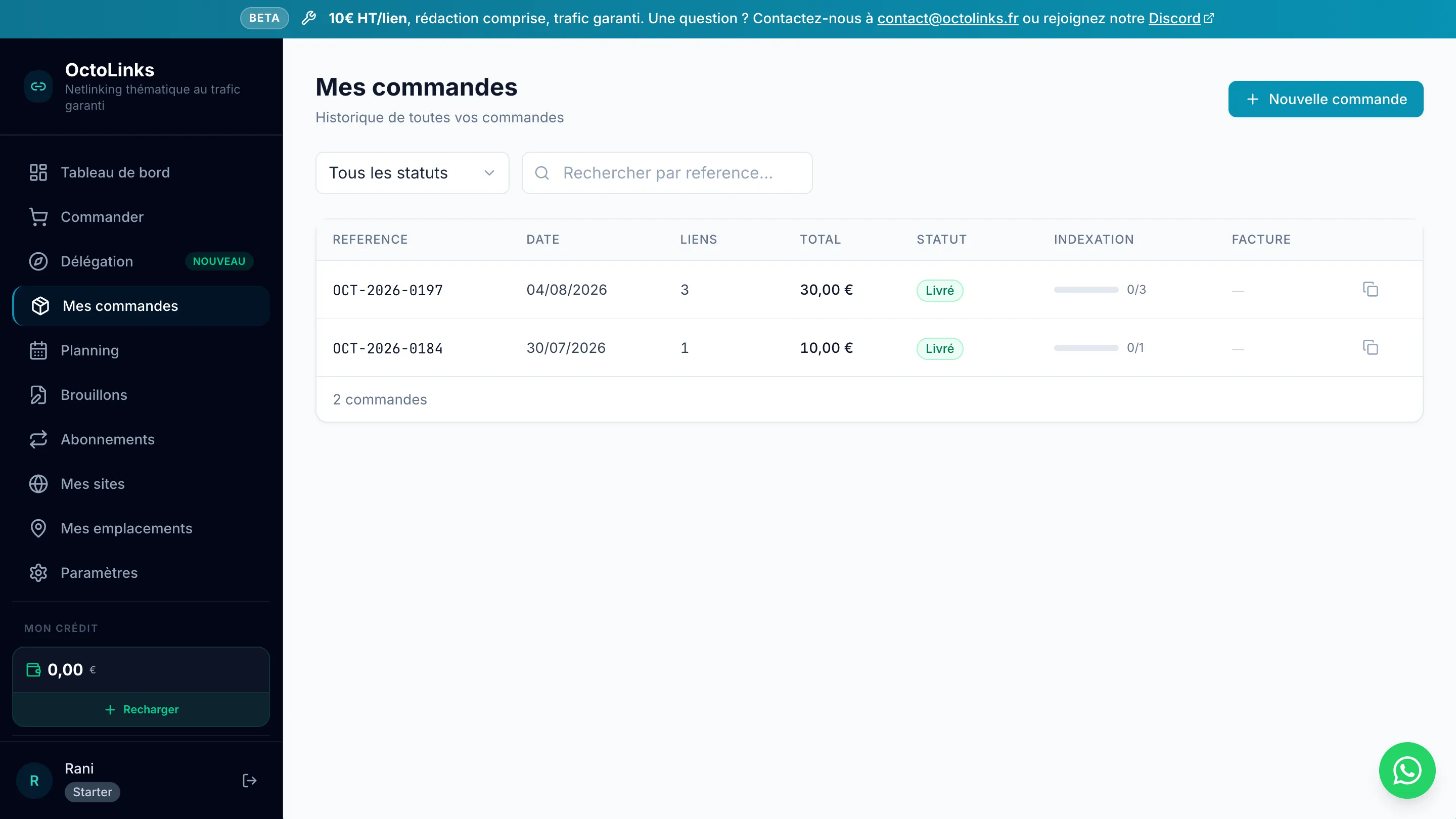 Onglet commandes d'OctoLinks : récapitulatif de chaque backlink commandé et son statut d'indexation
