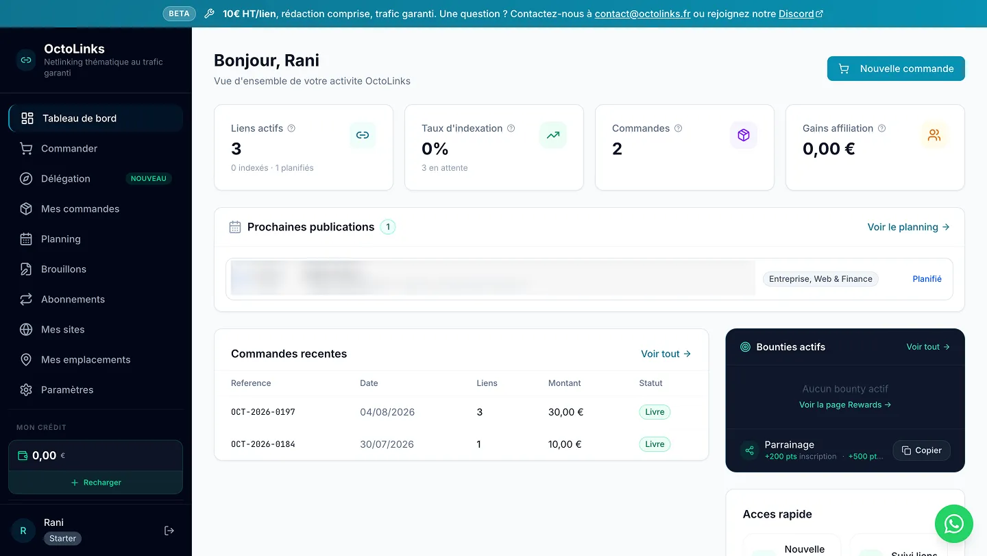 Tableau de bord OctoLinks : commandes passées, liens actifs et taux d'indexation