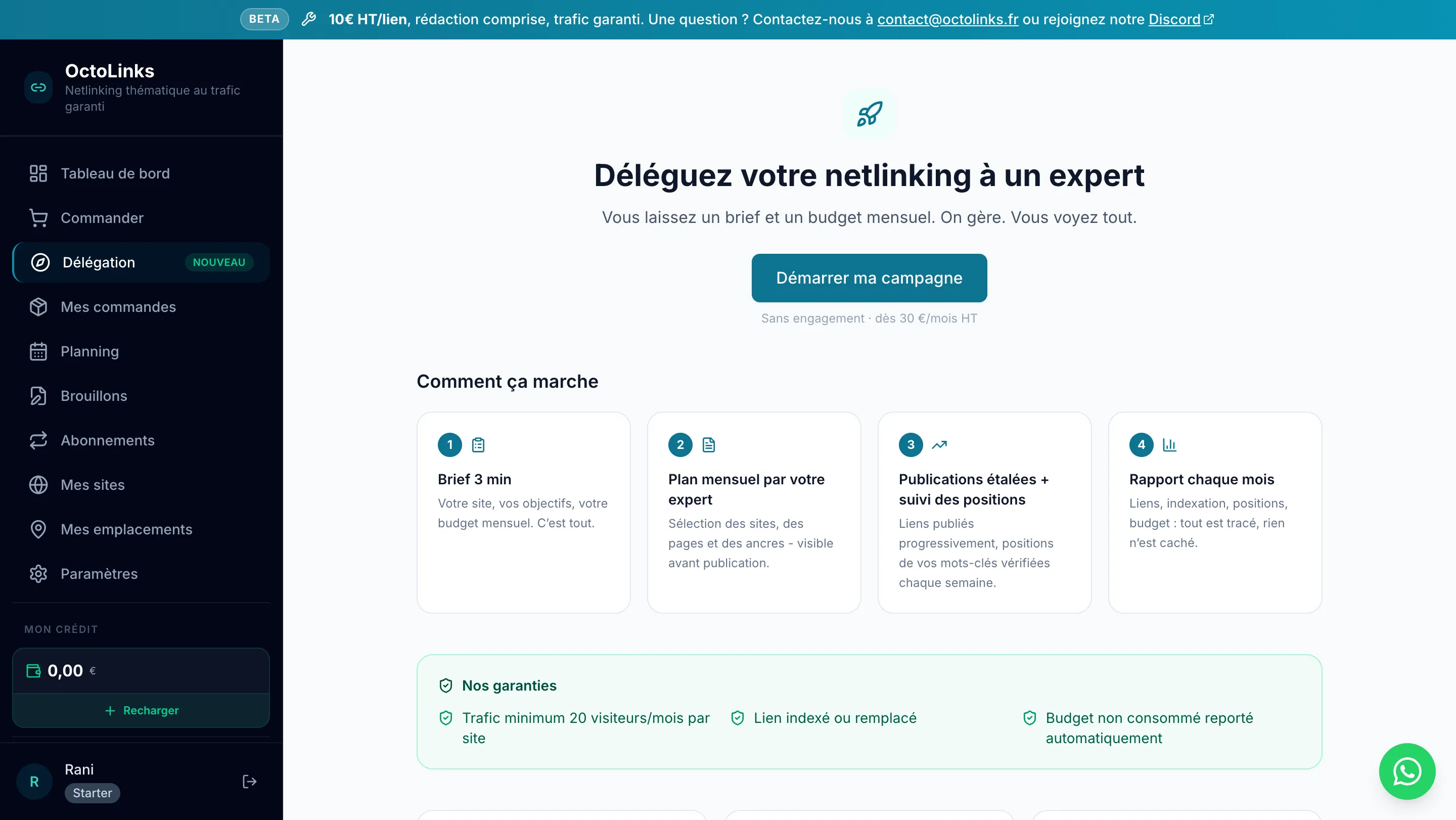 Vue des campagnes de netlinking déléguées à un expert OctoLinks