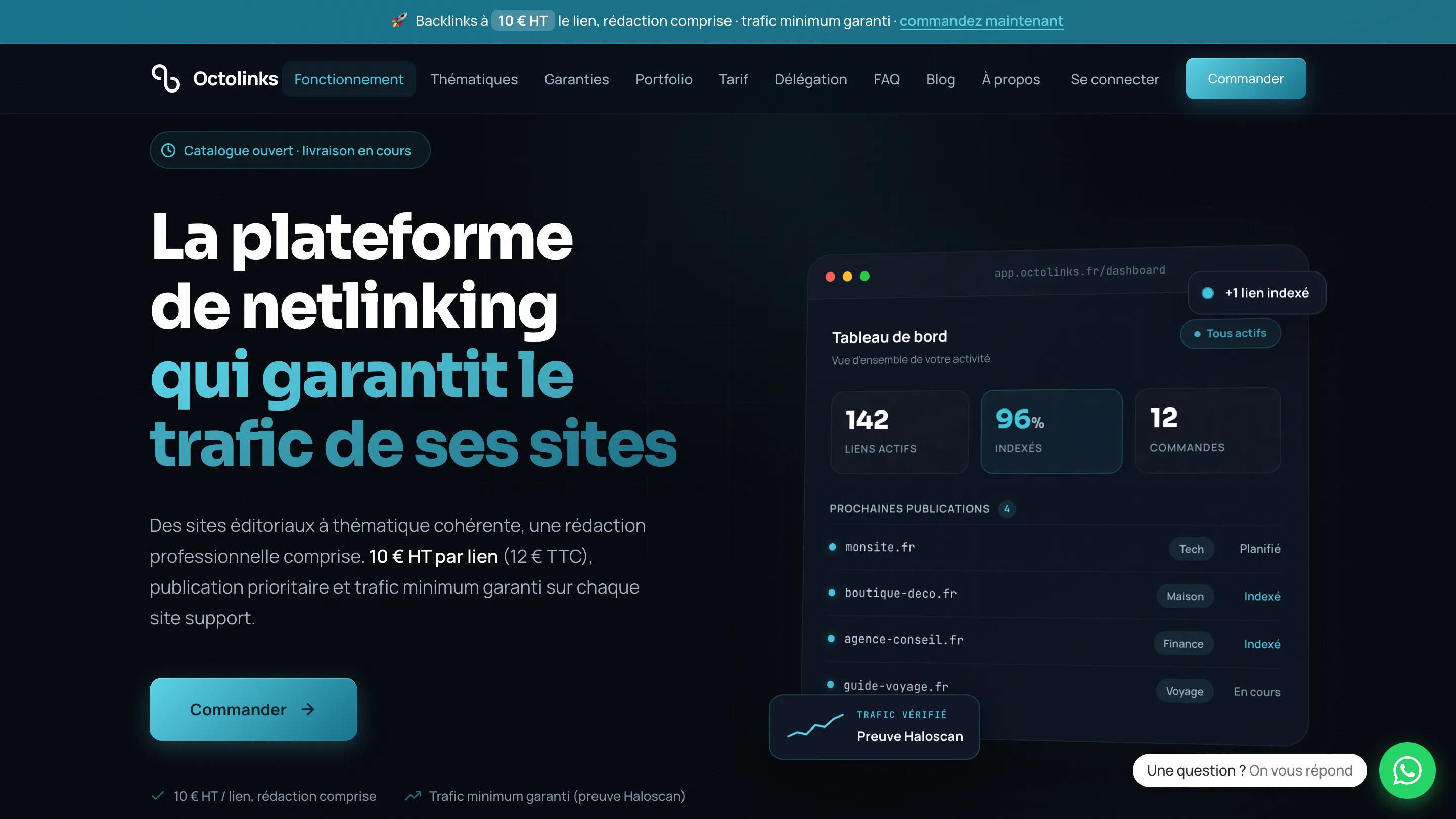 Vue d'ensemble de l'interface de la plateforme de netlinking OctoLinks