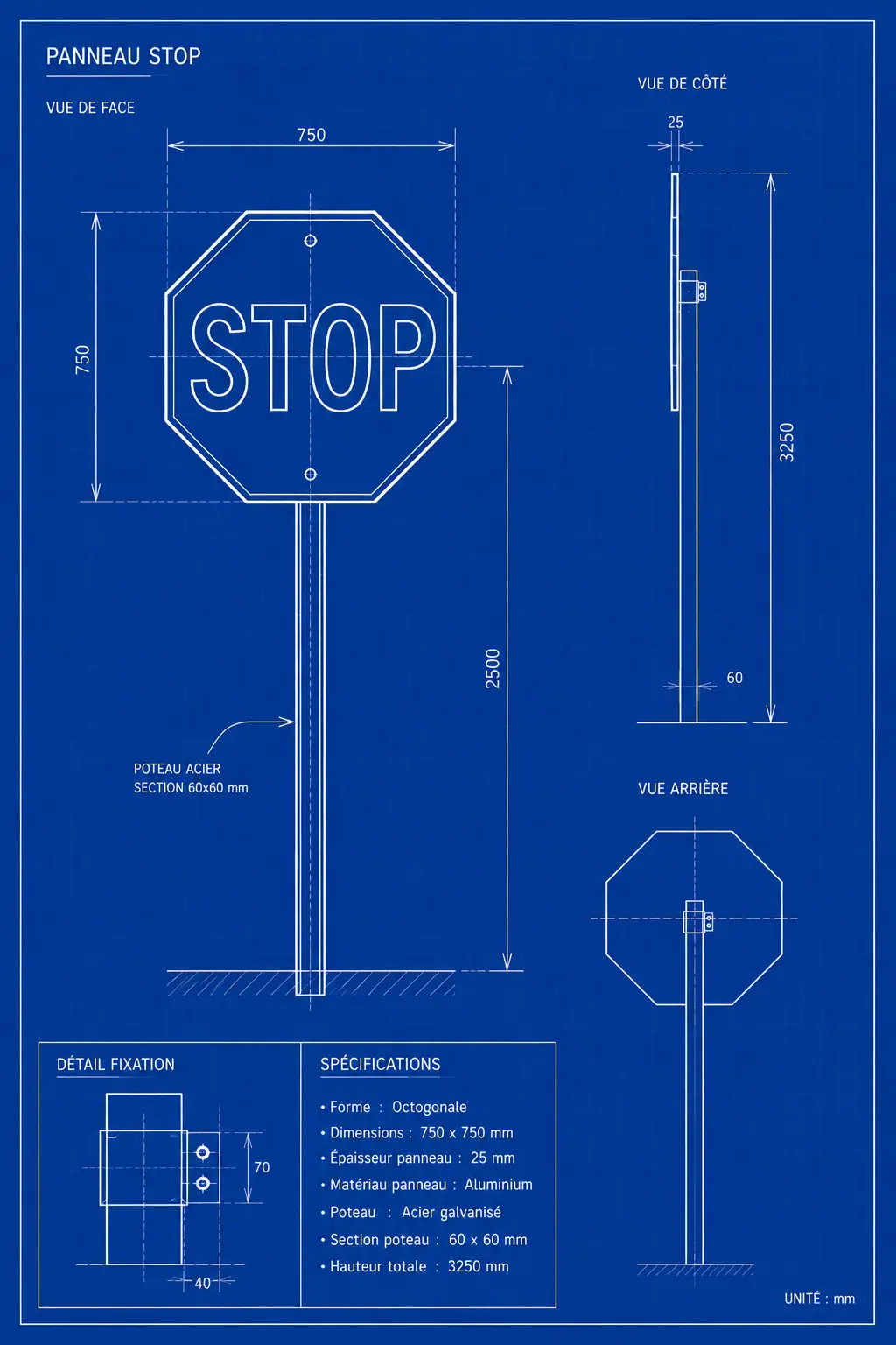 Plan technique d'un panneau de signalétique, le produit que vend Stocksignes.