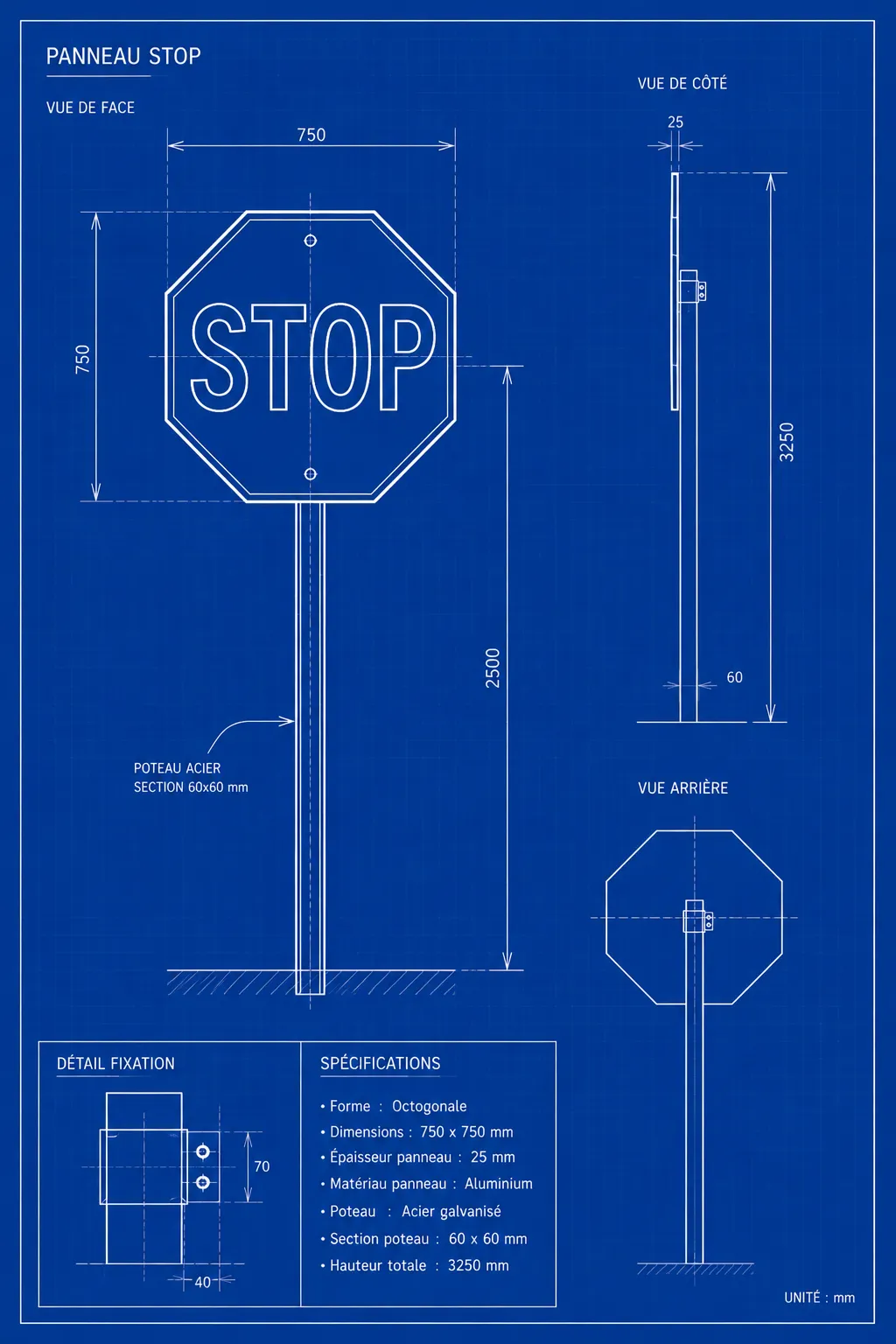 Plan technique d'un panneau de signalétique, le produit que vend Stocksignes.