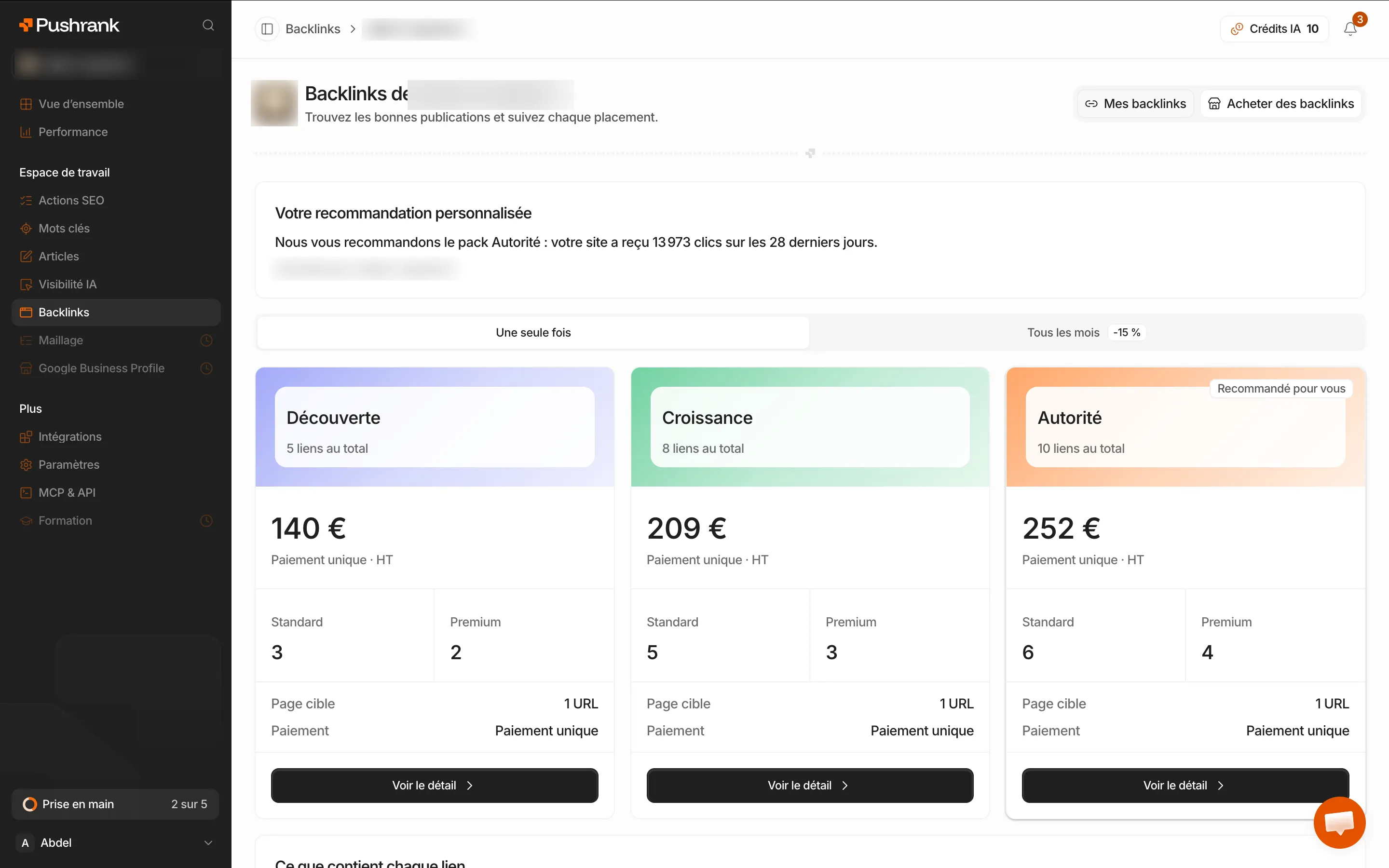 Les packs de backlinks de PushRank : Découverte à 140 €, Croissance à 209 € et Autorité à 252 €, recommandé par l'outil