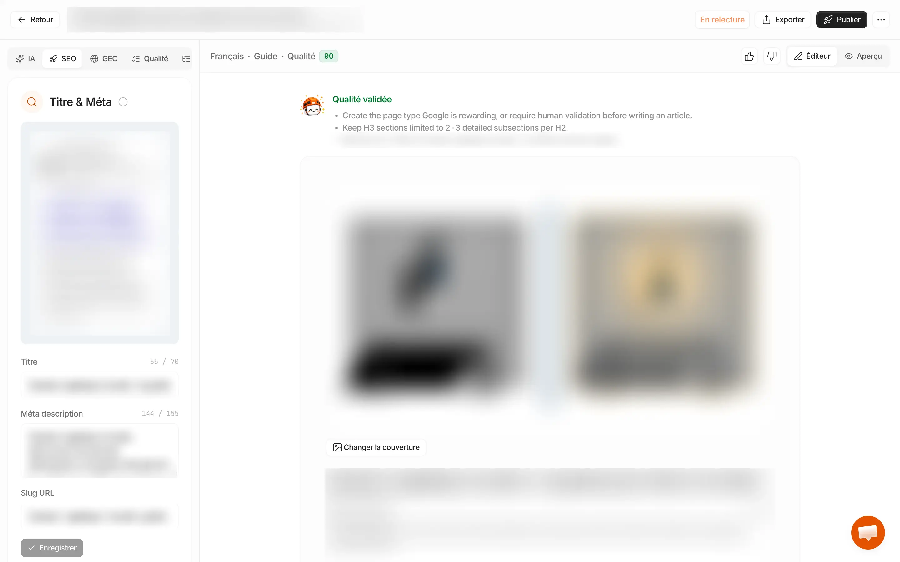 L'éditeur d'article de PushRank : le score de qualité, les suggestions d'amélioration et le panneau SEO avec les compteurs du title (70) et de la meta description (155)