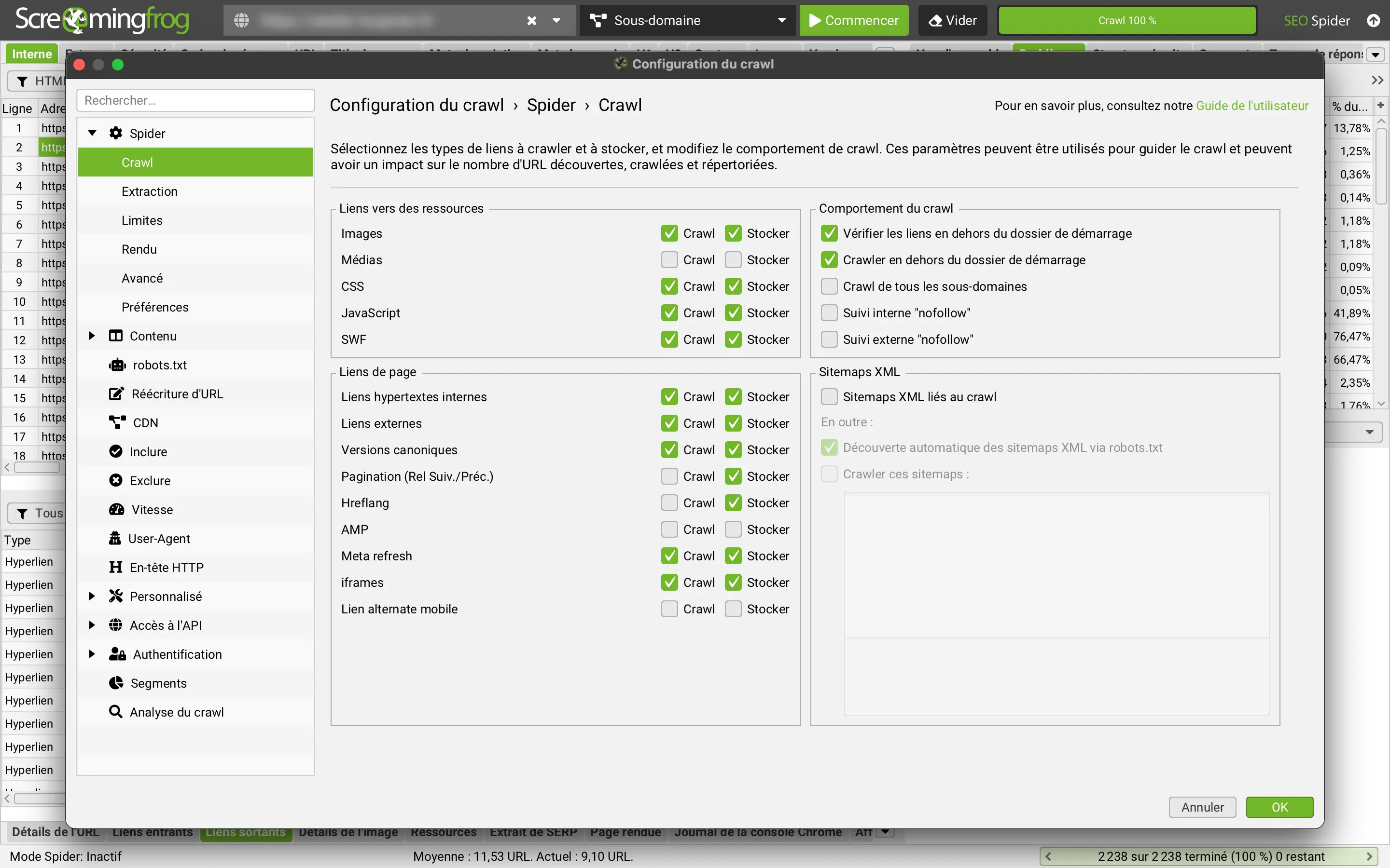 La configuration du crawl dans Screaming Frog : les types de liens à crawler et à stocker, et le comportement du crawl