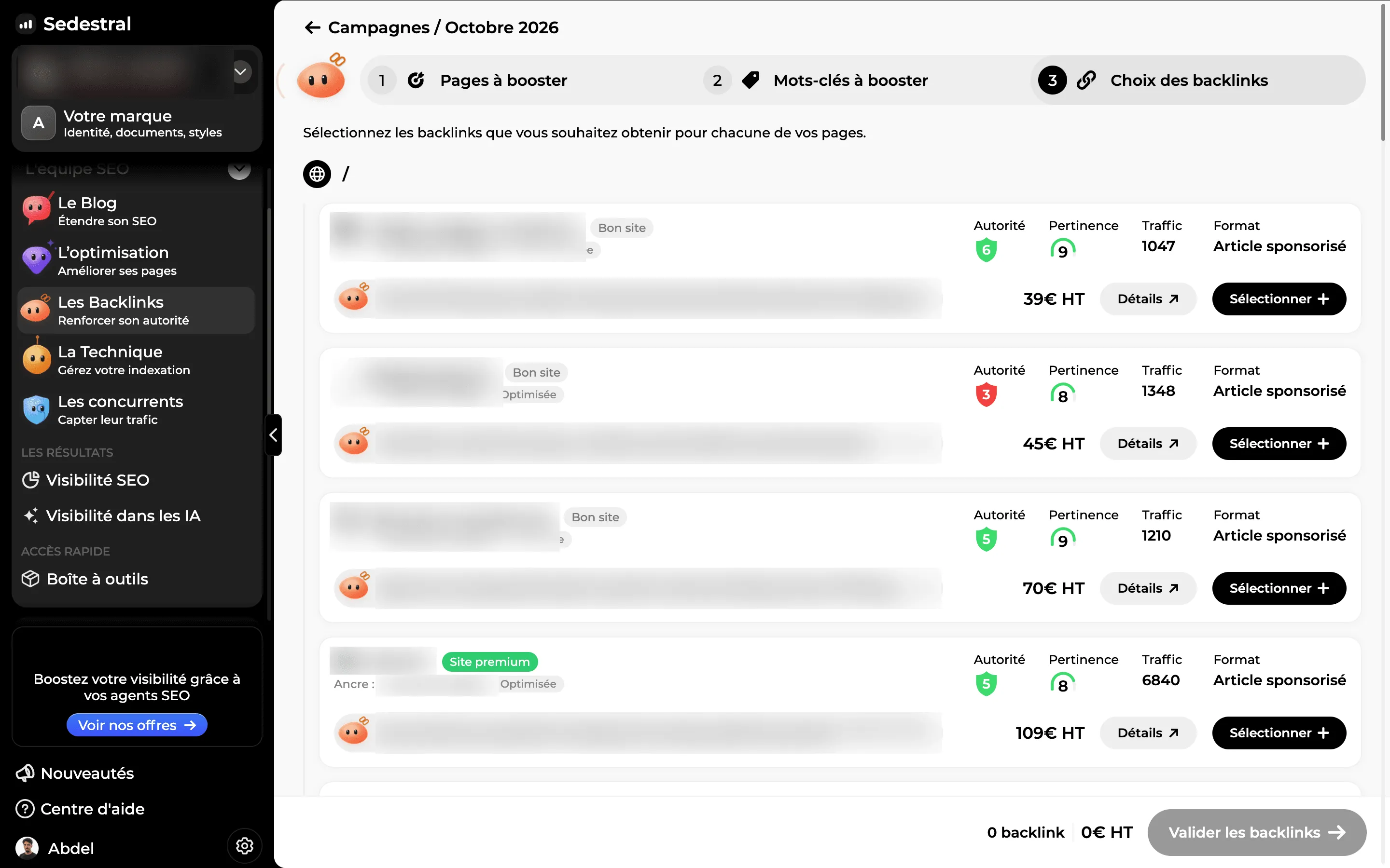 Le choix des backlinks dans Sedestral : pour chaque site proposé, l'autorité, la pertinence, le trafic, le format et le prix hors taxes