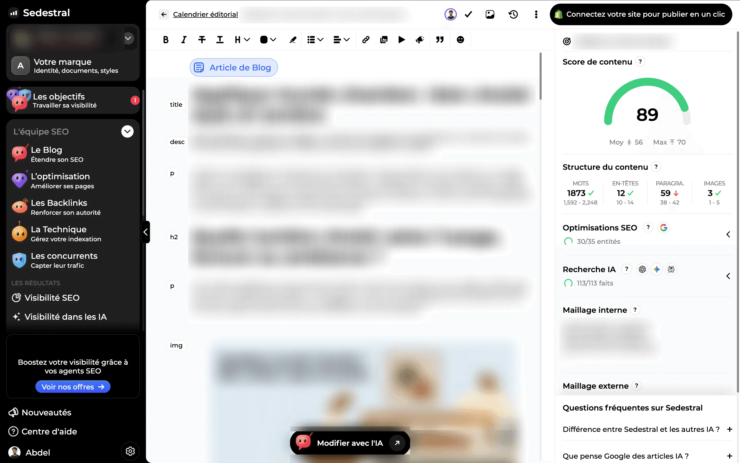 L'éditeur d'article de Sedestral : le texte à gauche, et à droite le score de contenu, la structure, les optimisations SEO, la recherche IA et le maillage