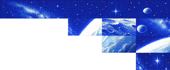 Décor spatial pixelisé illustrant les services SEO