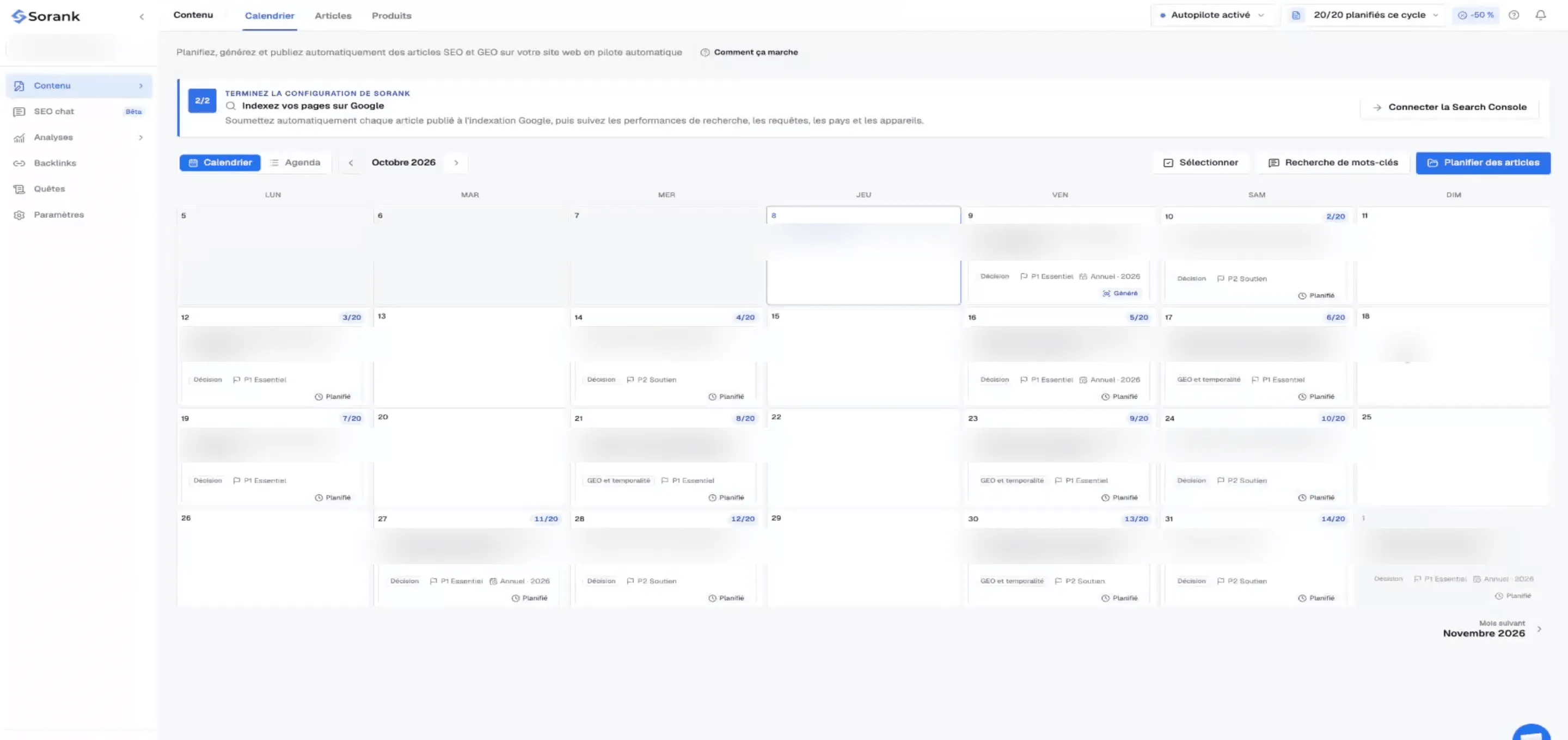 Le calendrier de contenu de Sorank : les articles planifiés jour par jour, avec leur priorité et leur statut