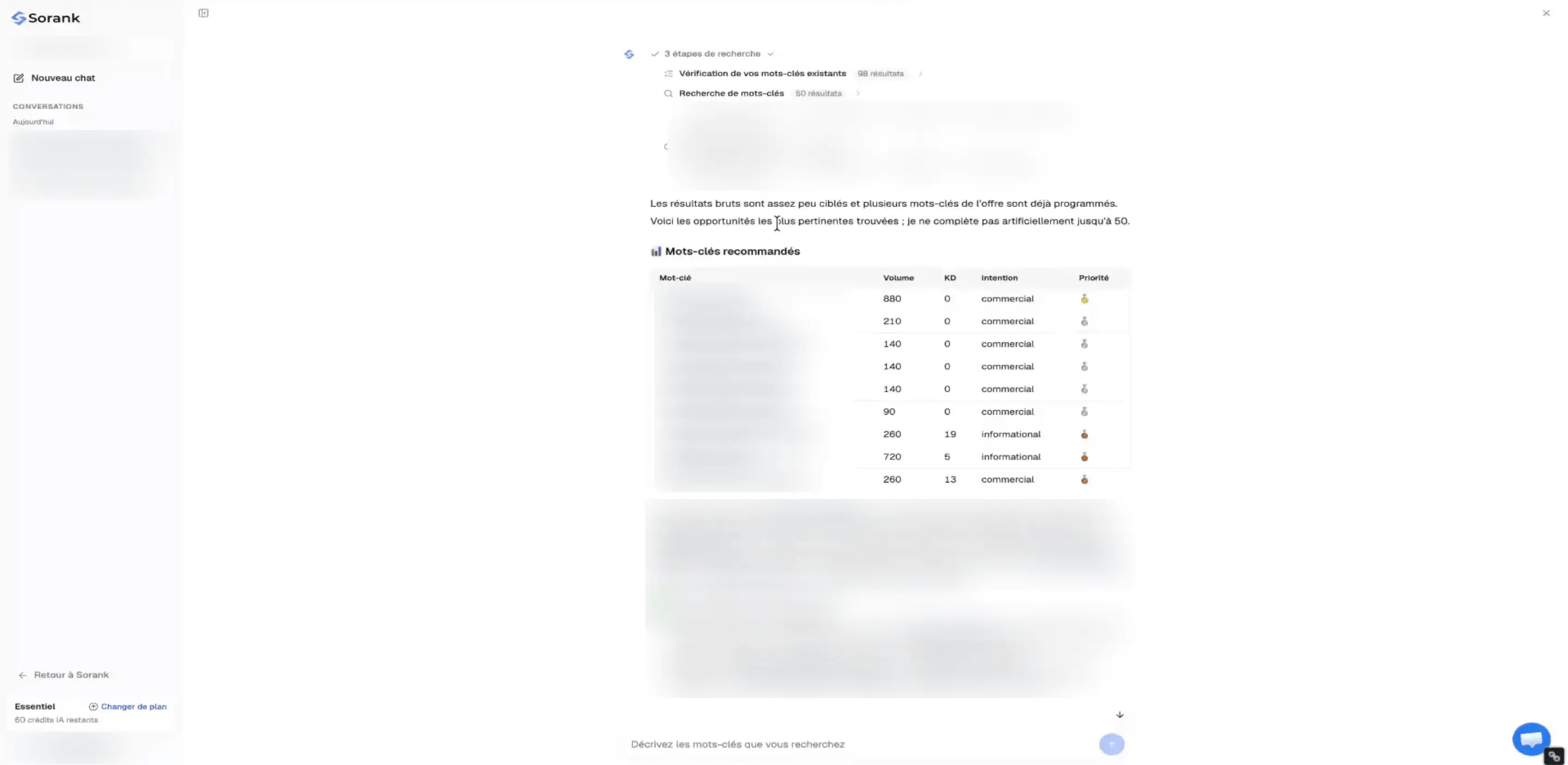 Le chat SEO de Sorank : les étapes de recherche et un tableau de mots-clés avec leur volume, leur difficulté, leur intention et leur priorité