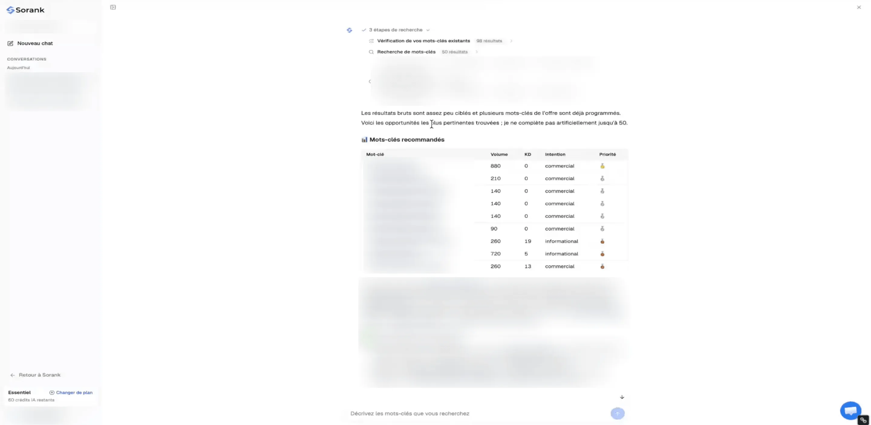 Le chat SEO de Sorank : les étapes de recherche et un tableau de mots-clés avec leur volume, leur difficulté, leur intention et leur priorité