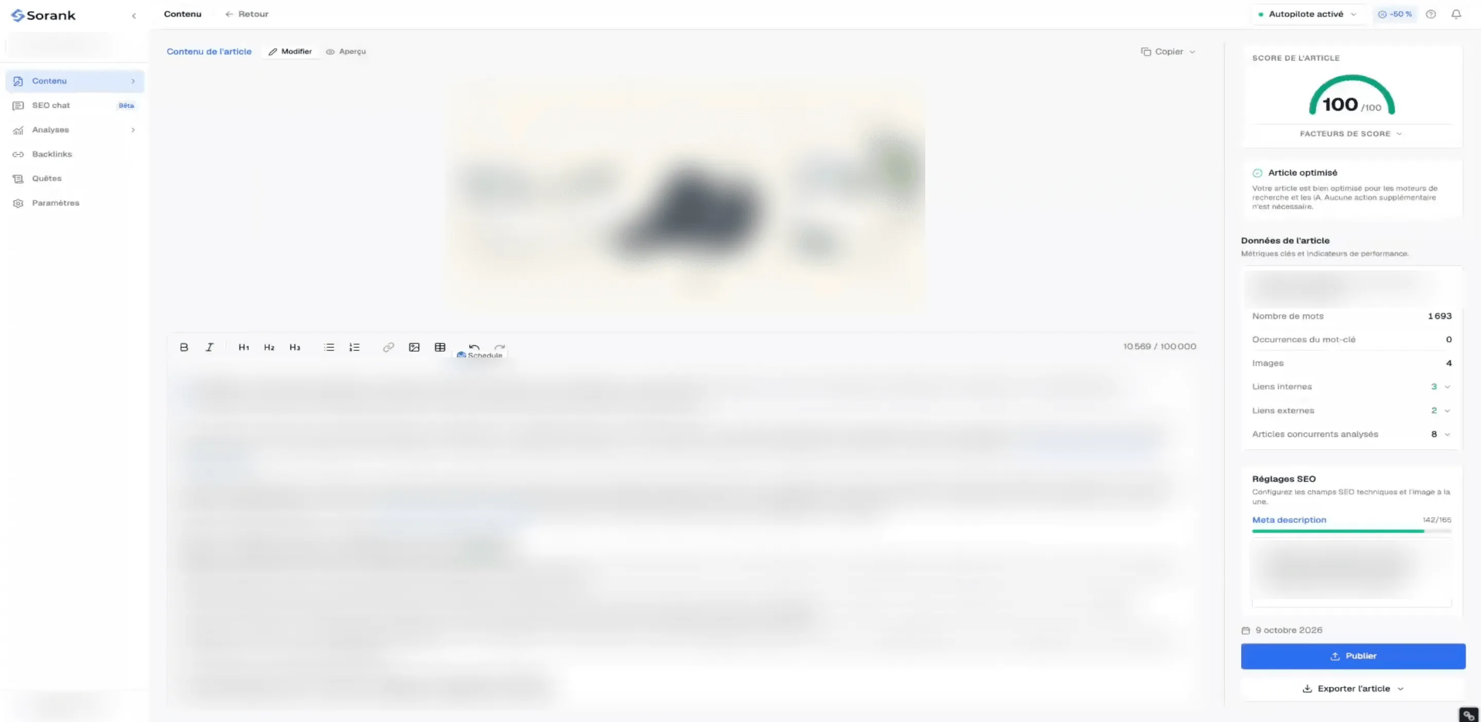 L'éditeur d'article de Sorank : le texte, l'image de couverture, le score sur 100, les données de l'article et les réglages SEO