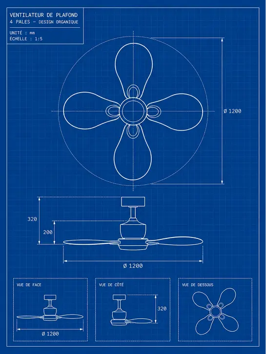 Plan technique du ventilateur de plafond à quatre pales lancé par Atelier Loupiote.
