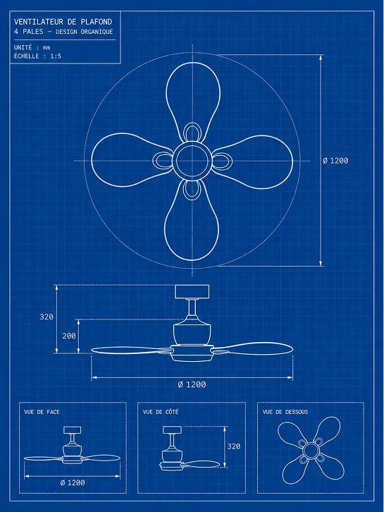Plan technique du ventilateur de plafond à quatre pales lancé par Atelier Loupiote.